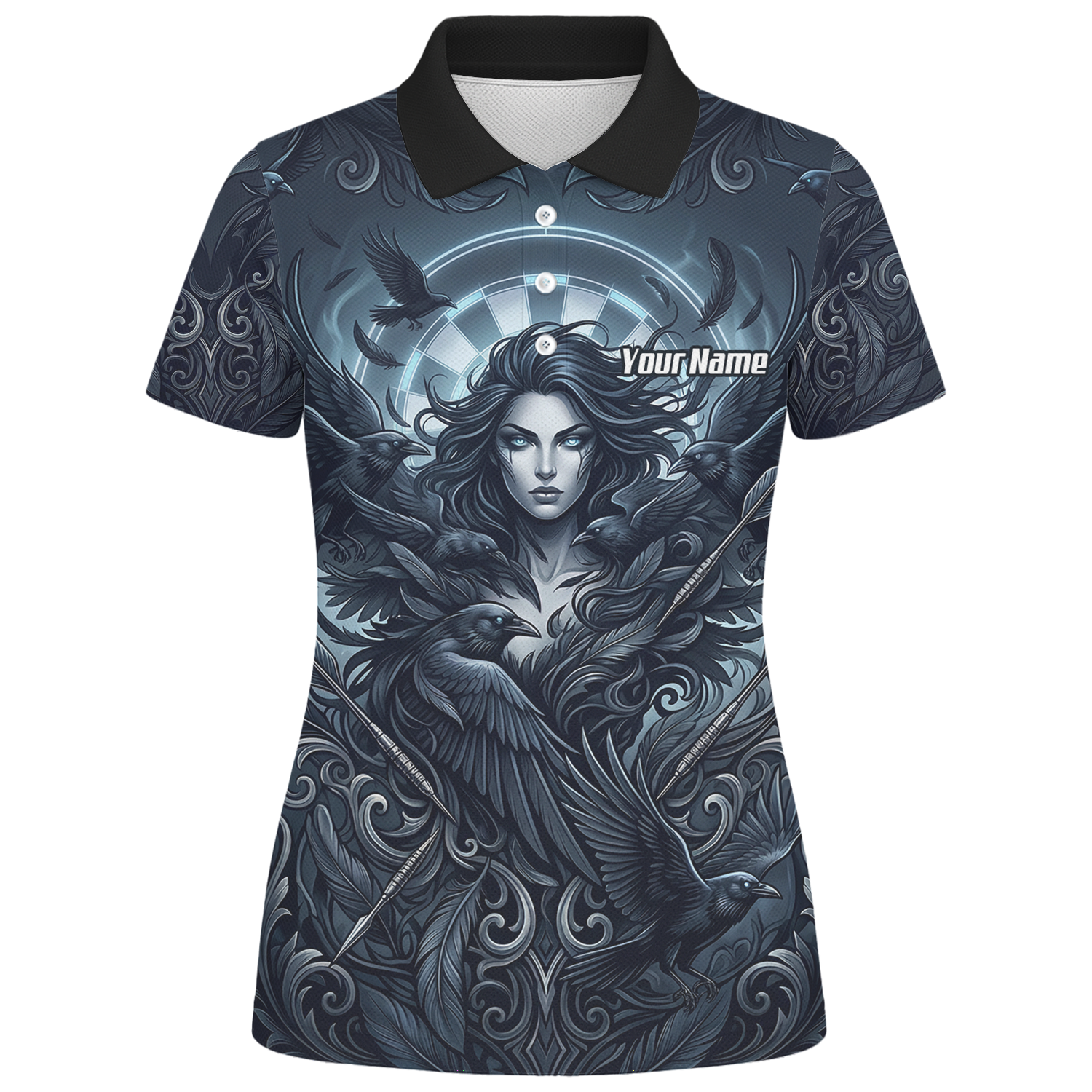 Personalised Gothic Raven Dart Jersey for Women Custom Name Team Polo Shirt Black Grey E5253