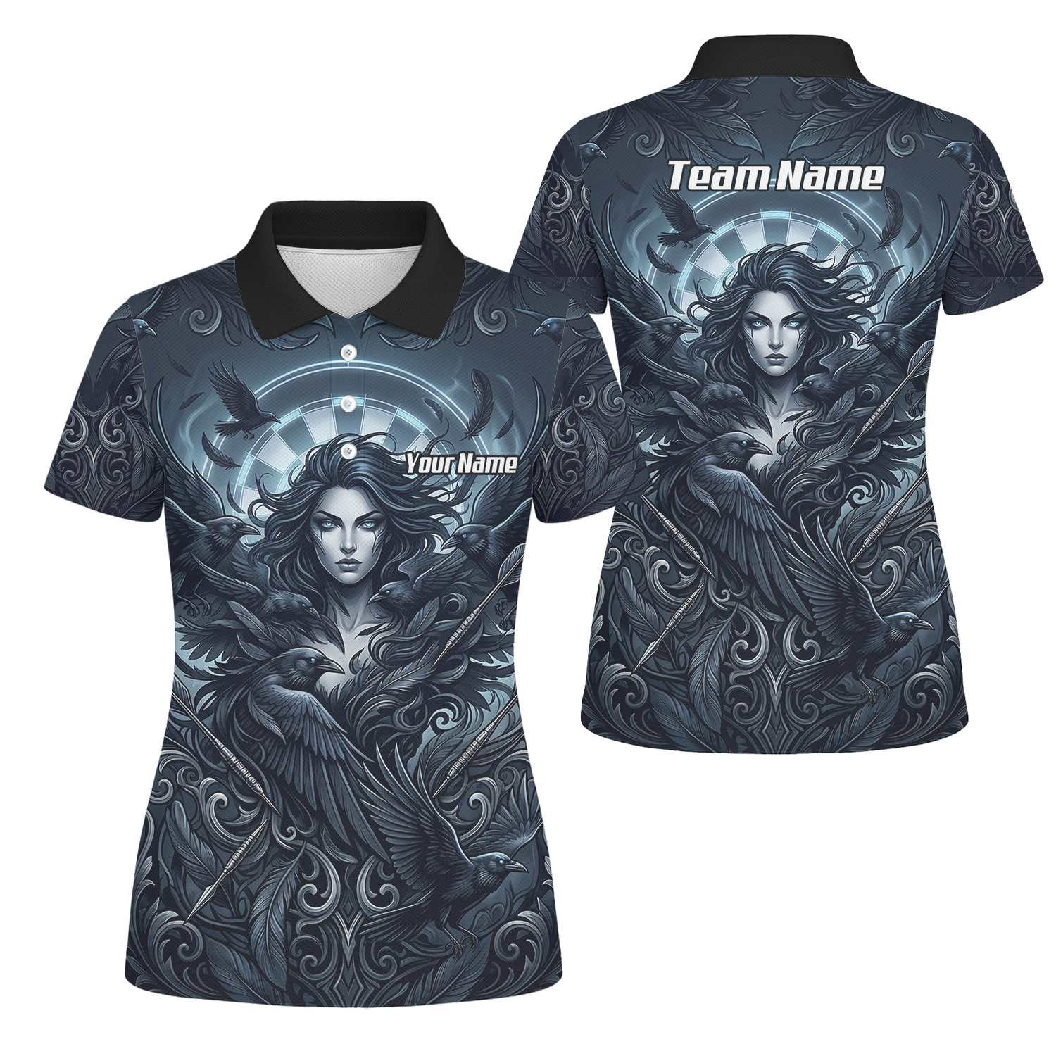 Personalised Gothic Raven Dart Jersey for Women Custom Name Team Polo Shirt Black Grey E5253