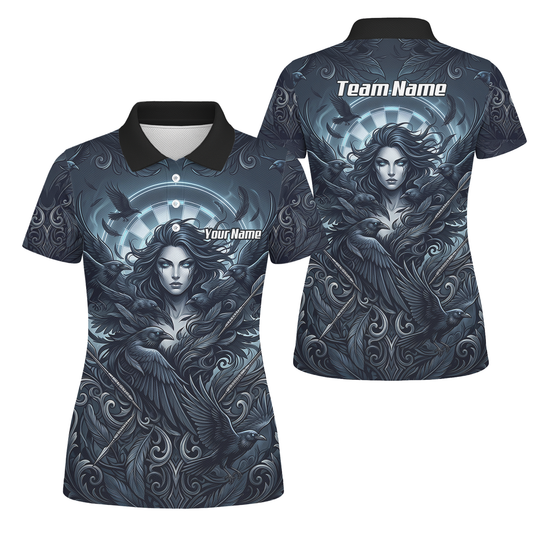 Personalised Gothic Raven Dart Jersey for Women Custom Name Team Polo Shirt Black Grey E5253