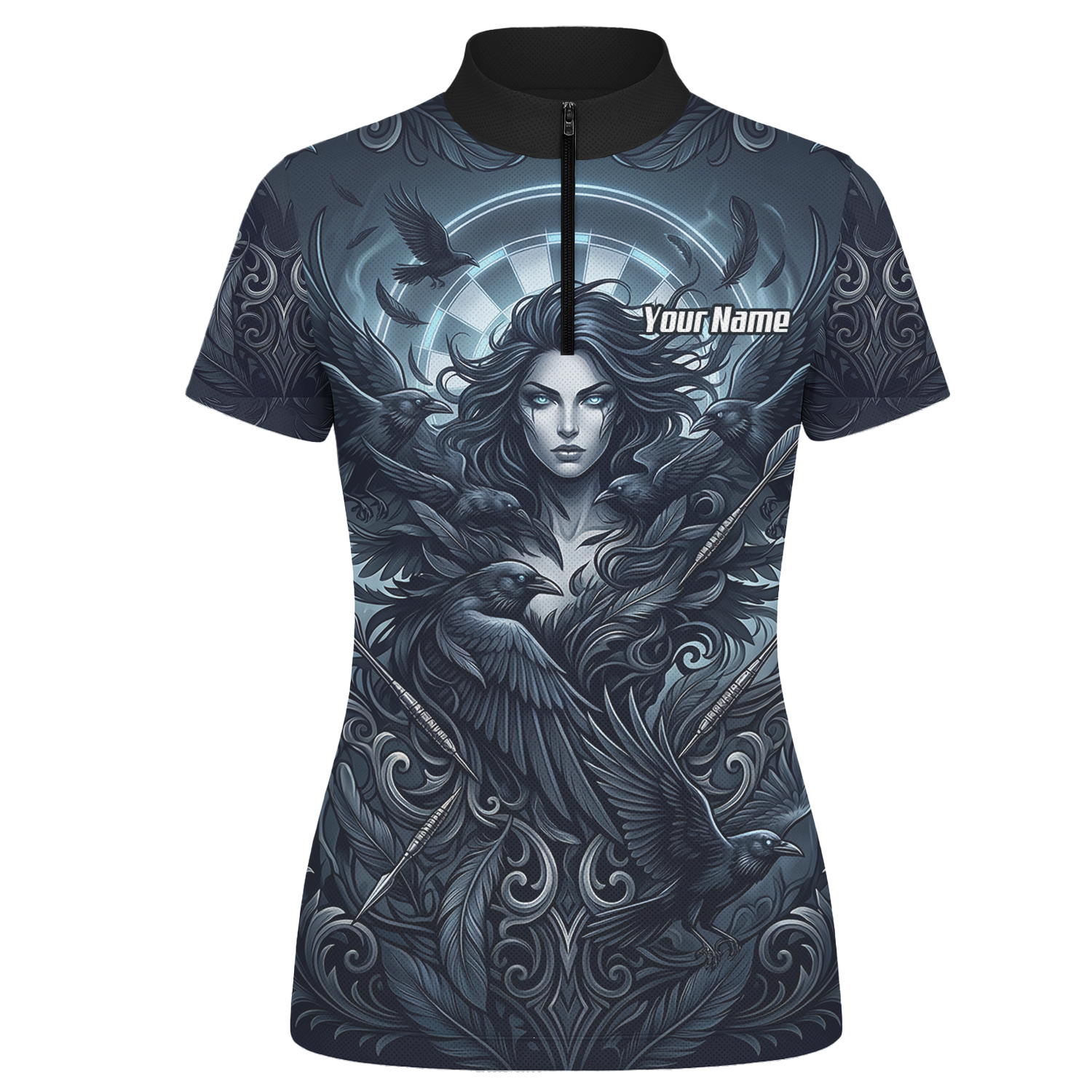 Personalised Gothic Raven Dart Jersey for Women Custom Name Team Polo Shirt Black Grey E5253