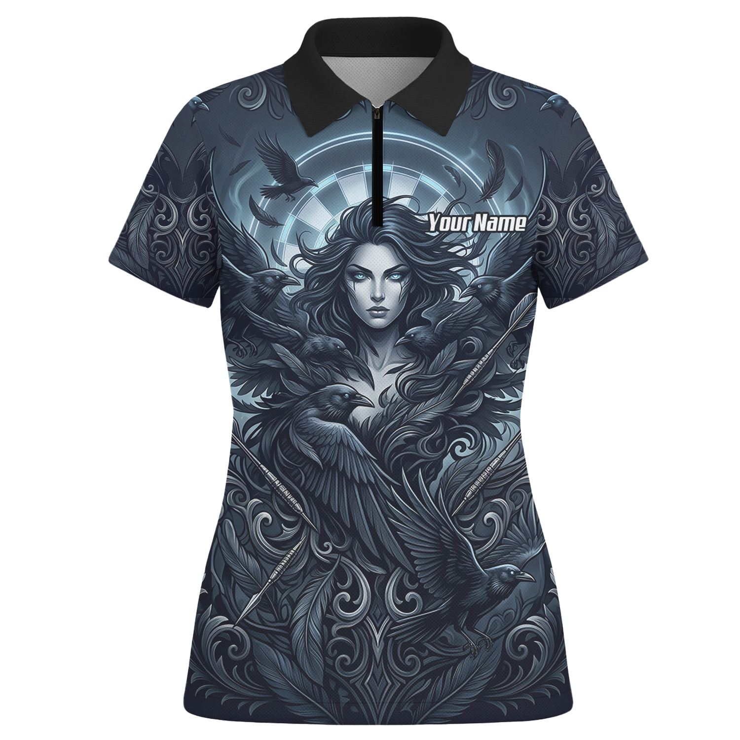 Personalised Gothic Raven Dart Jersey for Women Custom Name Team Polo Shirt Black Grey E5253