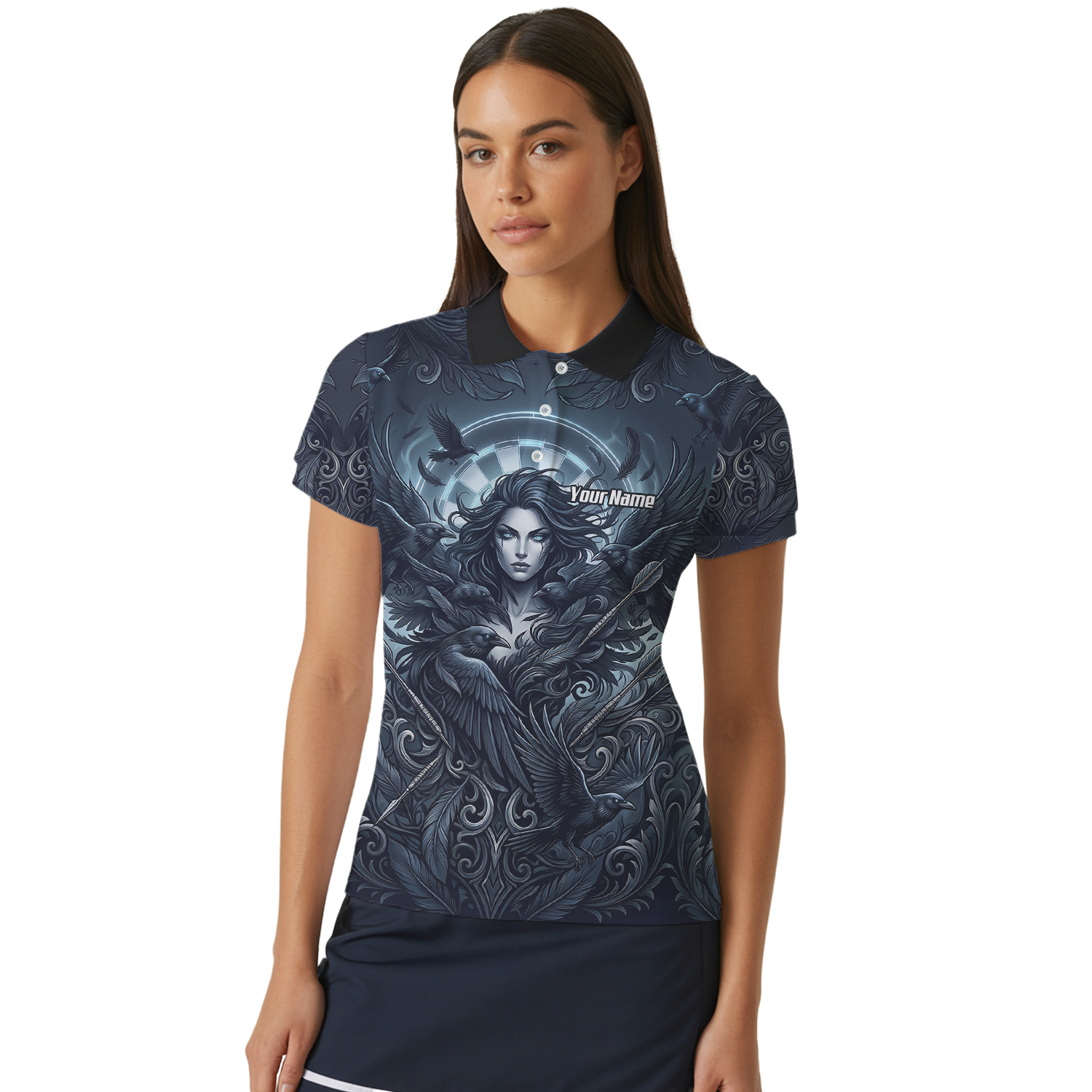 Personalised Gothic Raven Dart Jersey for Women Custom Name Team Polo Shirt Black Grey E5253
