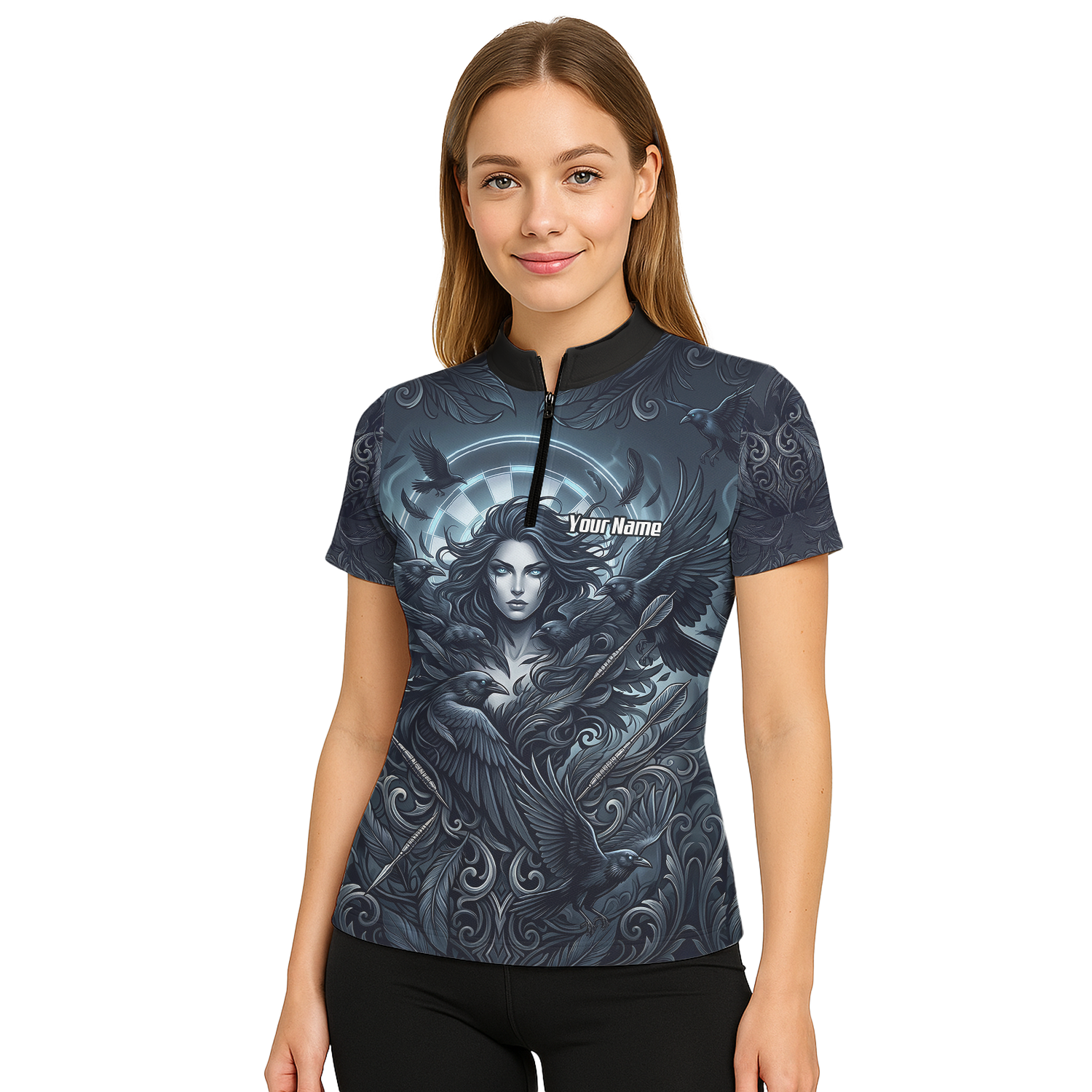 Personalised Gothic Raven Dart Jersey for Women Custom Name Team Polo Shirt Black Grey E5253
