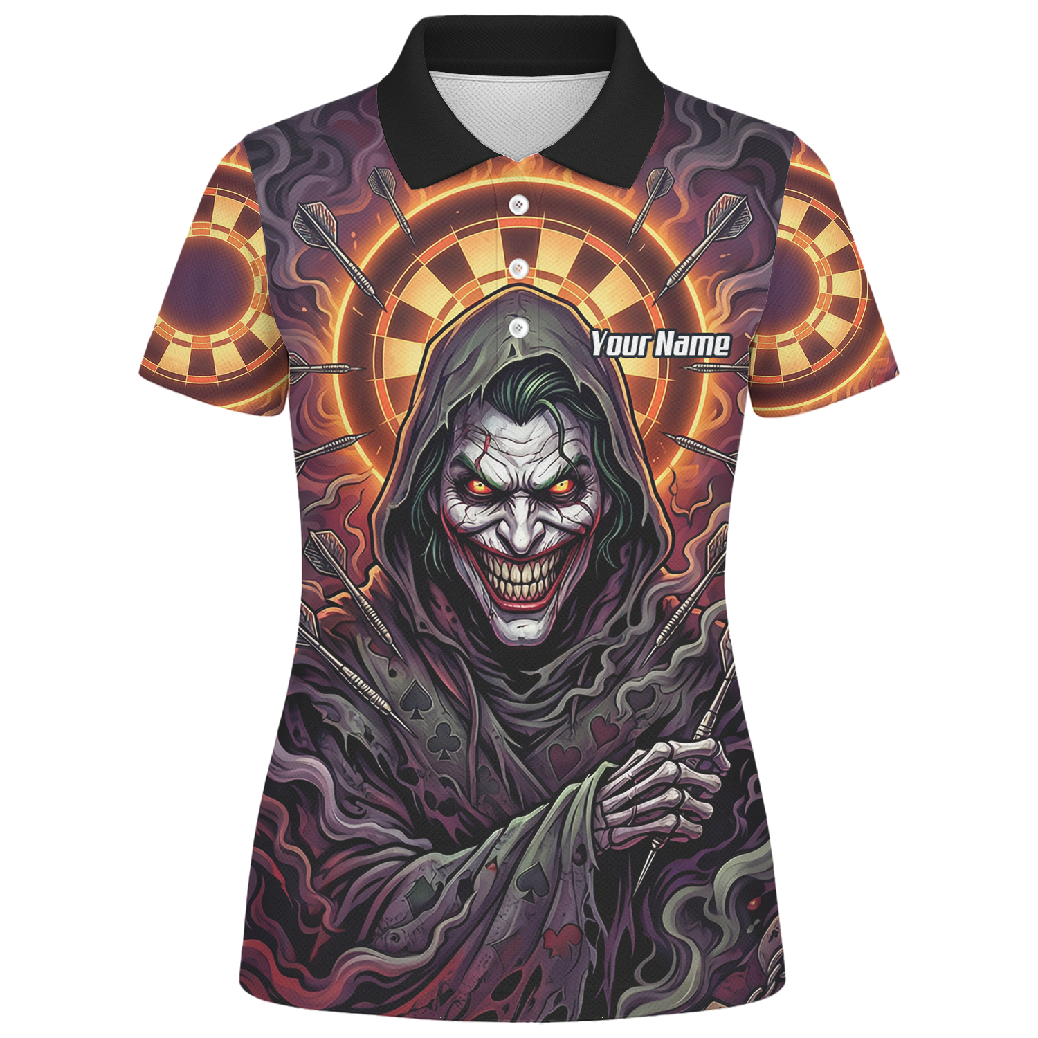 Personalised Women's Darts Jersey Custom Evil Joker Clown Dart Shirt Purple Black Sublimated Polo Top E6621
