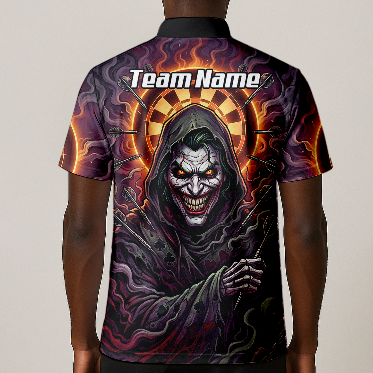 Personalised Men's Darts Jersey Custom Evil Joker Clown Dart Shirt Purple Black Sublimated Polo Top E6621