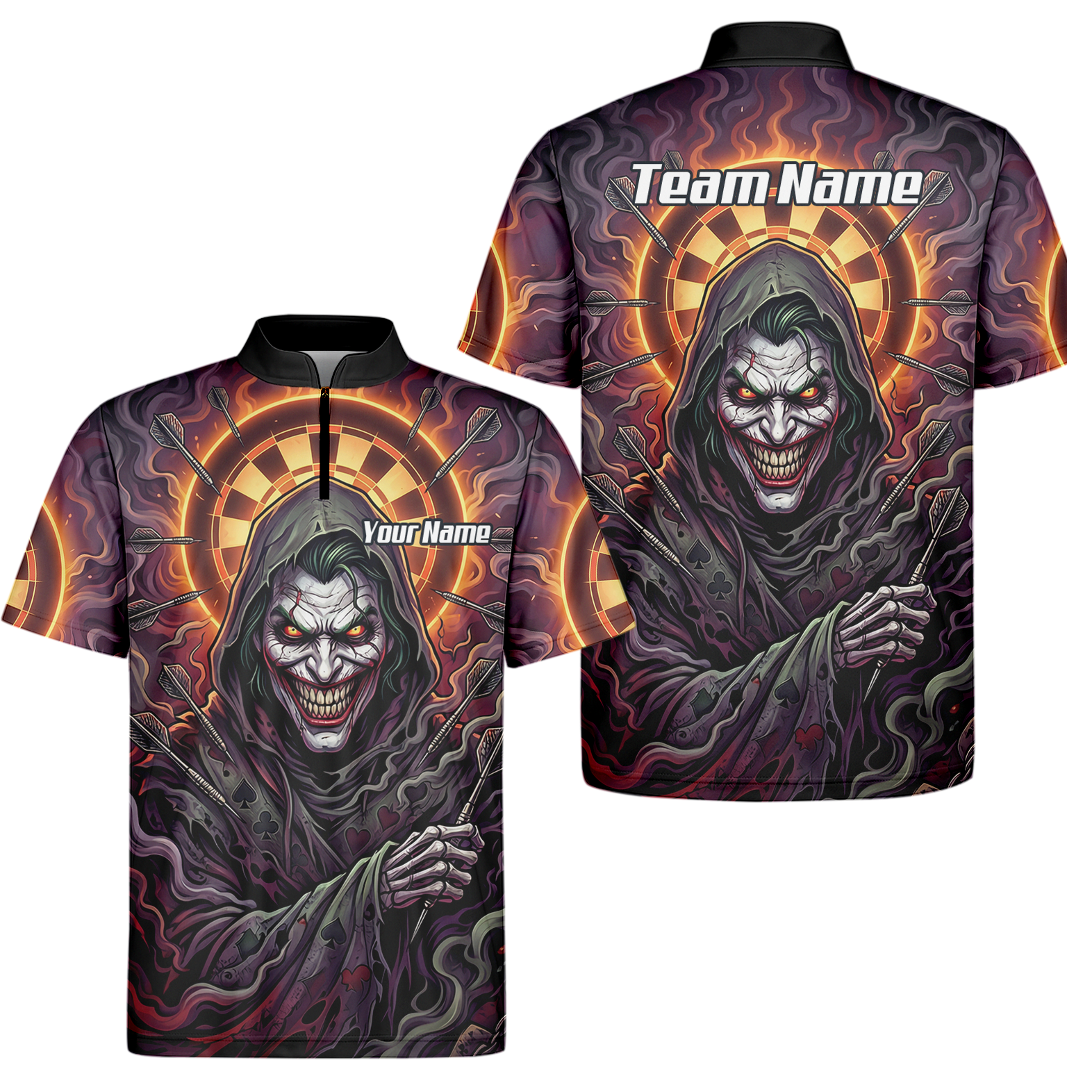 Personalised Men's Darts Jersey Custom Evil Joker Clown Dart Shirt Purple Black Sublimated Polo Top E6621