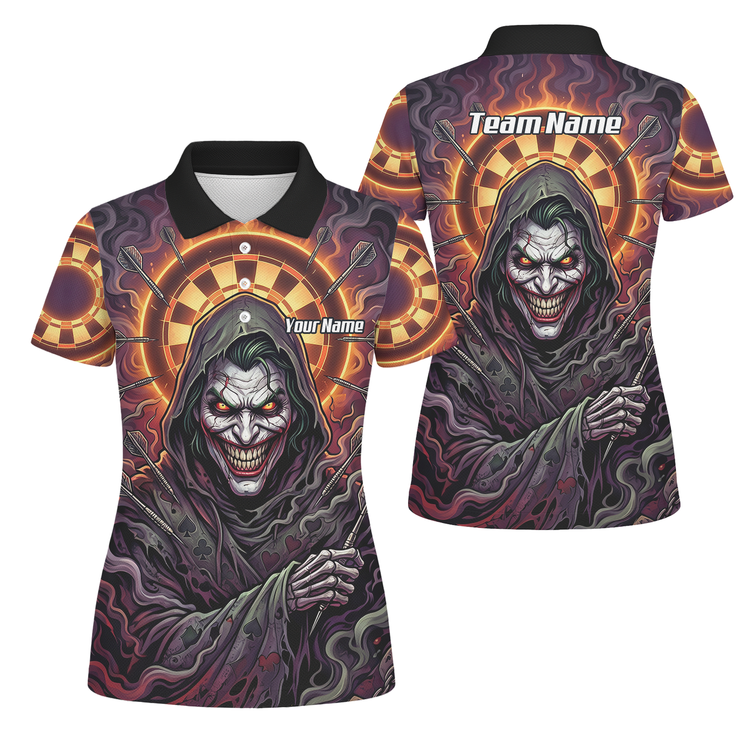 Personalised Women's Darts Jersey Custom Evil Joker Clown Dart Shirt Purple Black Sublimated Polo Top E6621