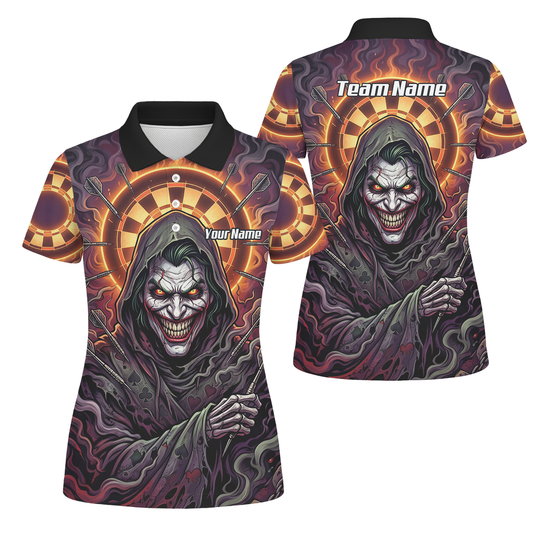 Personalised Women's Darts Jersey Custom Evil Joker Clown Dart Shirt Purple Black Sublimated Polo Top E6621
