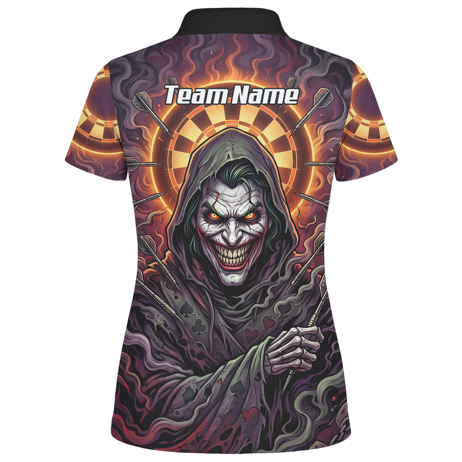 Personalised Women's Darts Jersey Custom Evil Joker Clown Dart Shirt Purple Black Sublimated Polo Top E6621