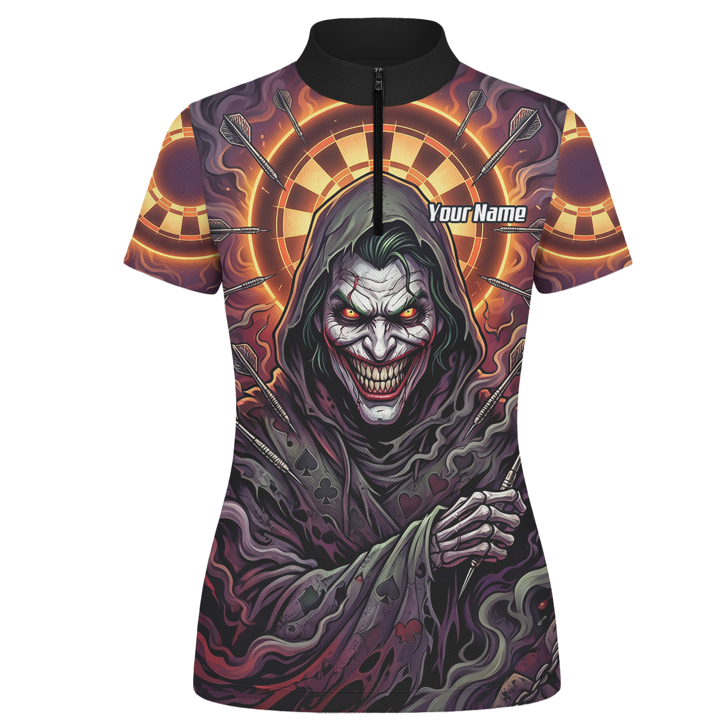 Personalised Women's Darts Jersey Custom Evil Joker Clown Dart Shirt Purple Black Sublimated Polo Top E6621