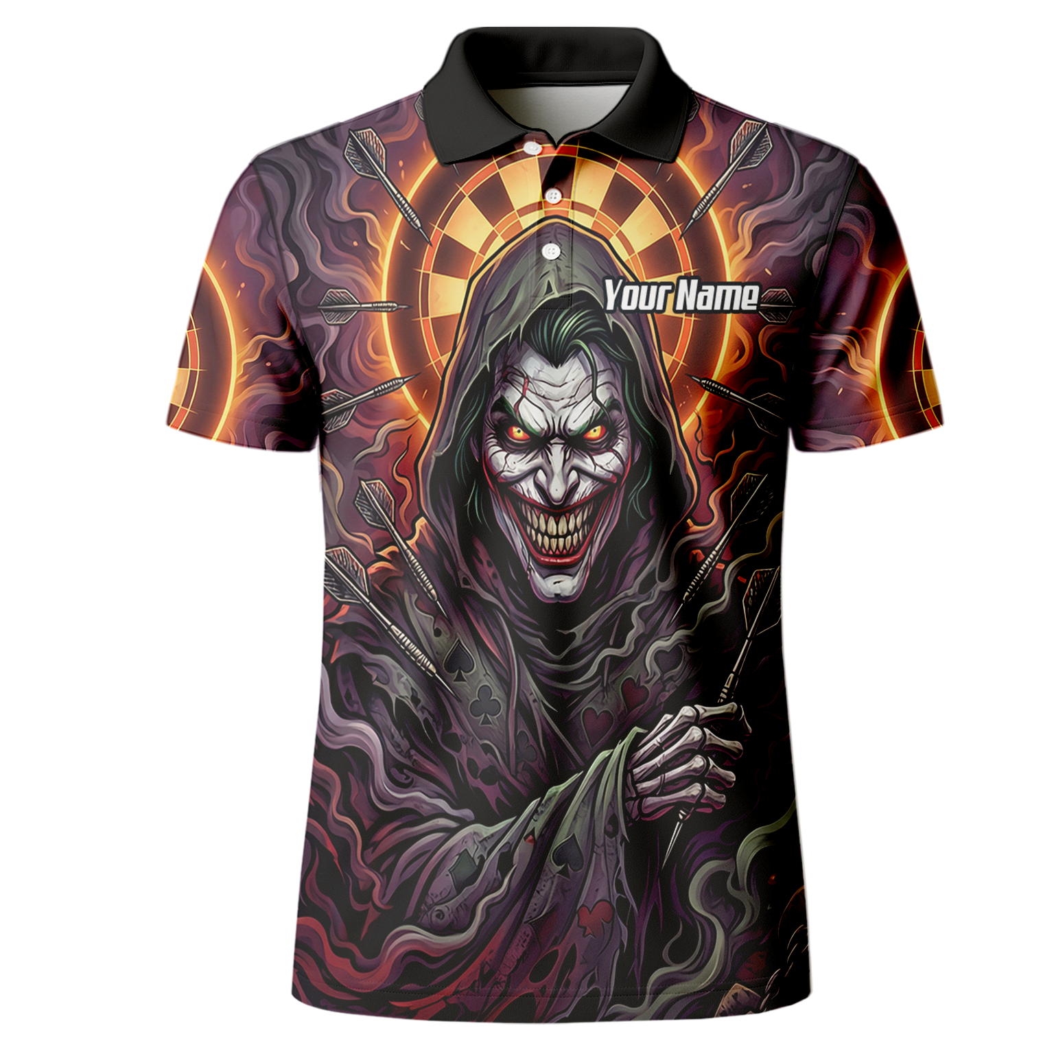 Personalised Men's Darts Jersey Custom Evil Joker Clown Dart Shirt Purple Black Sublimated Polo Top E6621
