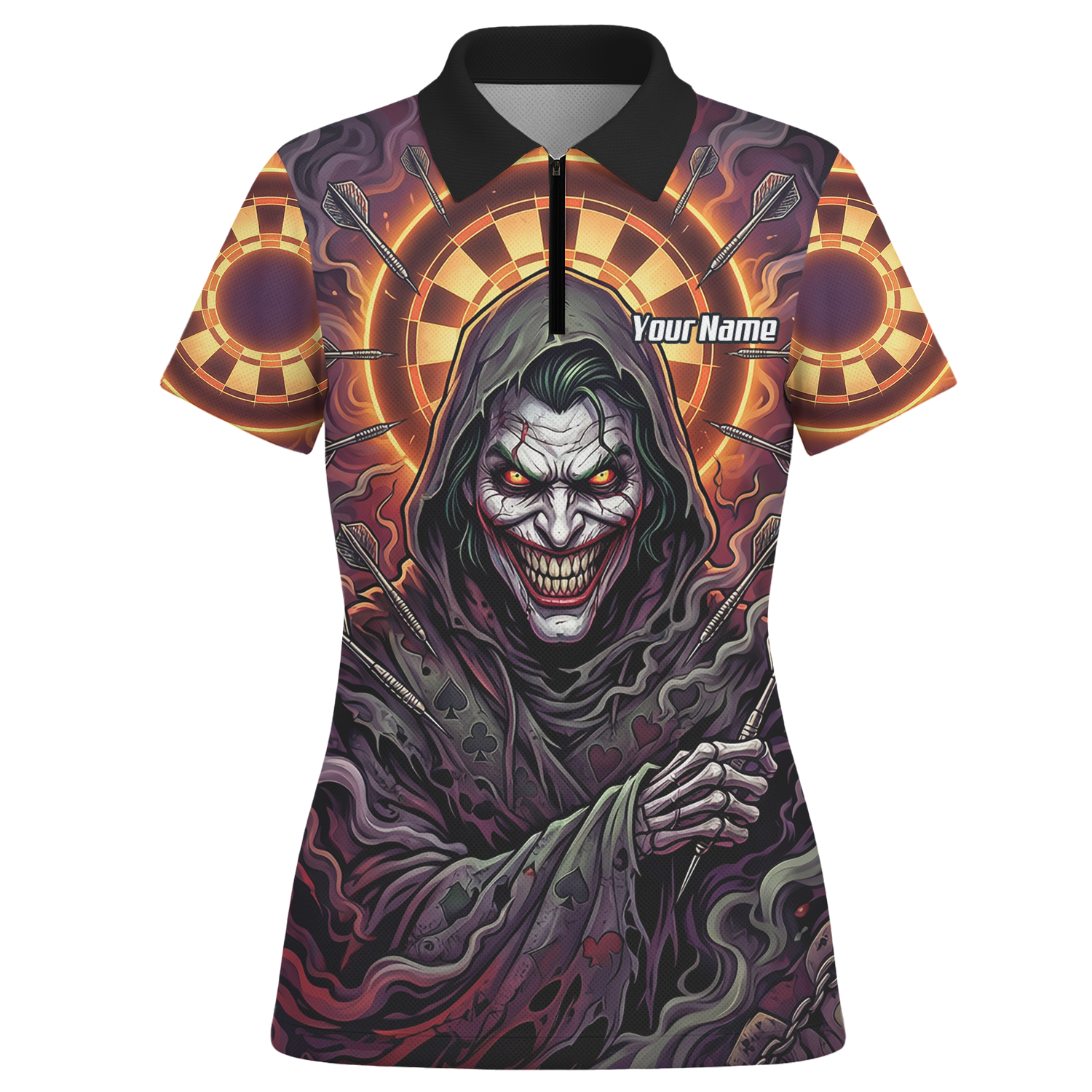 Personalised Women's Darts Jersey Custom Evil Joker Clown Dart Shirt Purple Black Sublimated Polo Top E6621