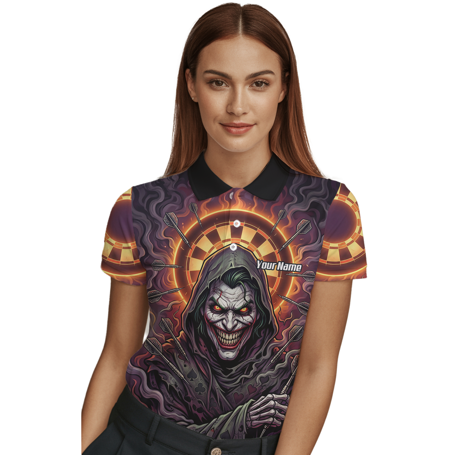 Personalised Women's Darts Jersey Custom Evil Joker Clown Dart Shirt Purple Black Sublimated Polo Top E6621