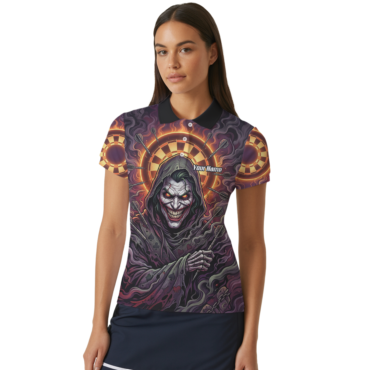 Personalised Women's Darts Jersey Custom Evil Joker Clown Dart Shirt Purple Black Sublimated Polo Top E6621