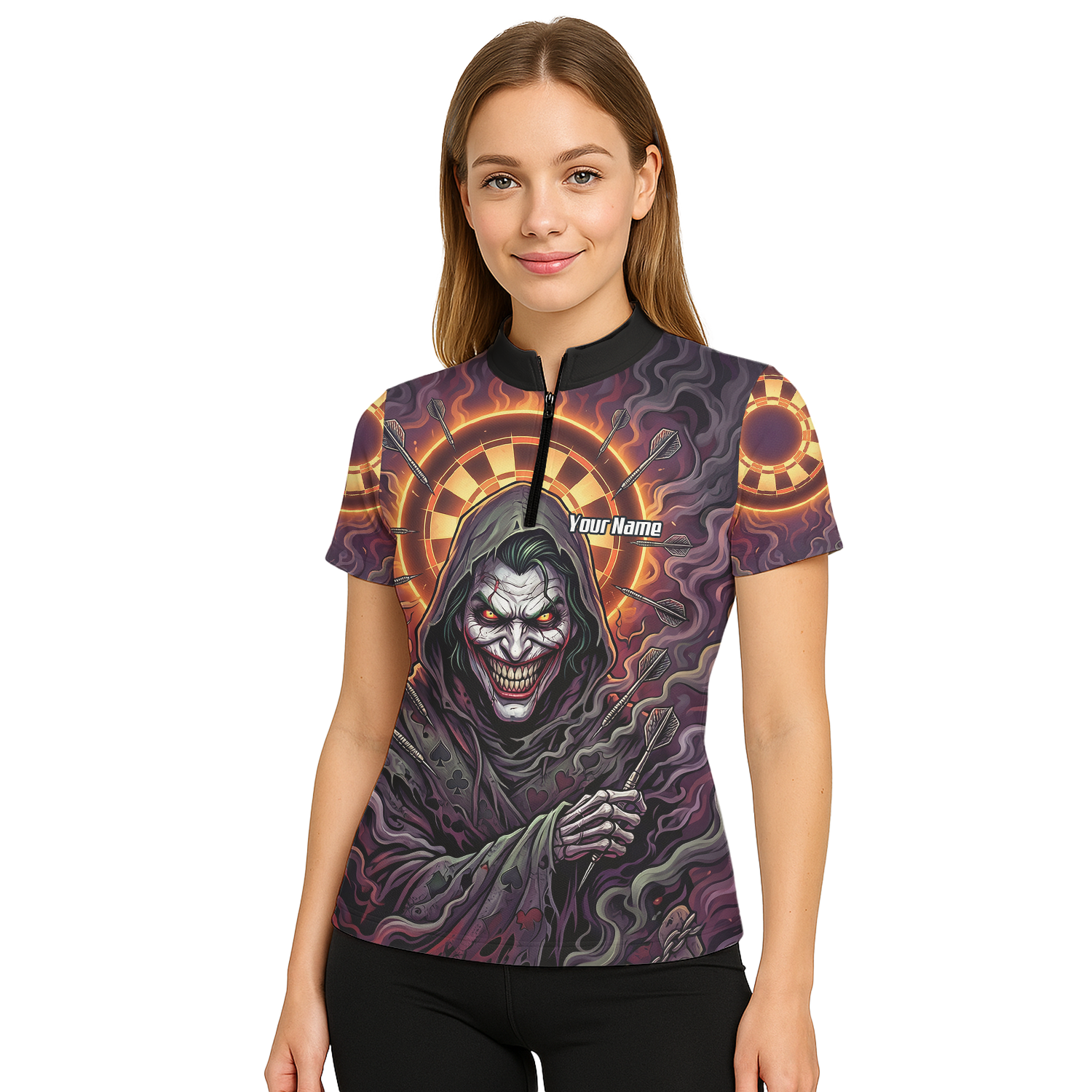 Personalised Women's Darts Jersey Custom Evil Joker Clown Dart Shirt Purple Black Sublimated Polo Top E6621