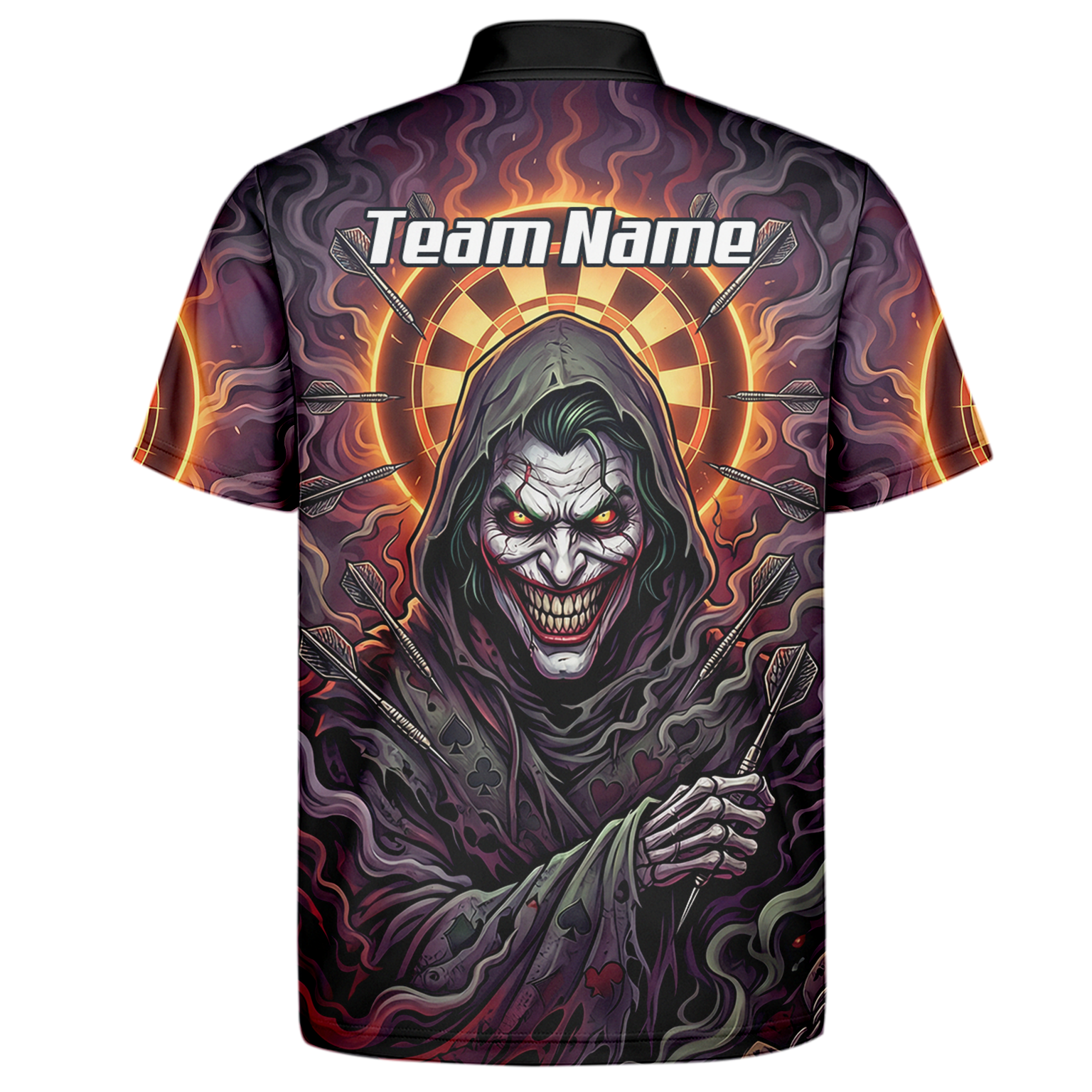 Personalised Men's Darts Jersey Custom Evil Joker Clown Dart Shirt Purple Black Sublimated Polo Top E6621
