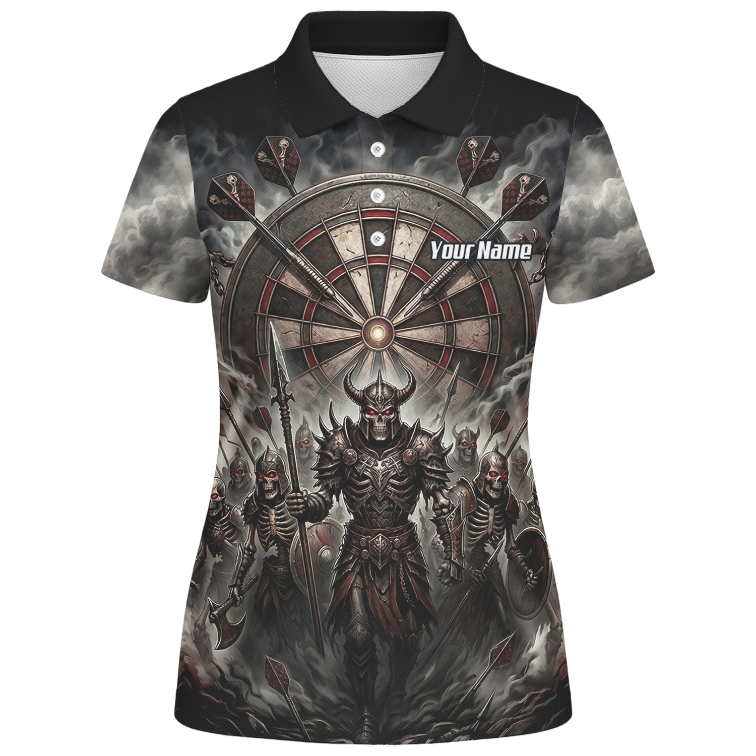 Personalised Skeleton Warrior Dart Jersey for Women Custom Dark Gothic Undead Army Darts Polo Shirt Black Grey E8117