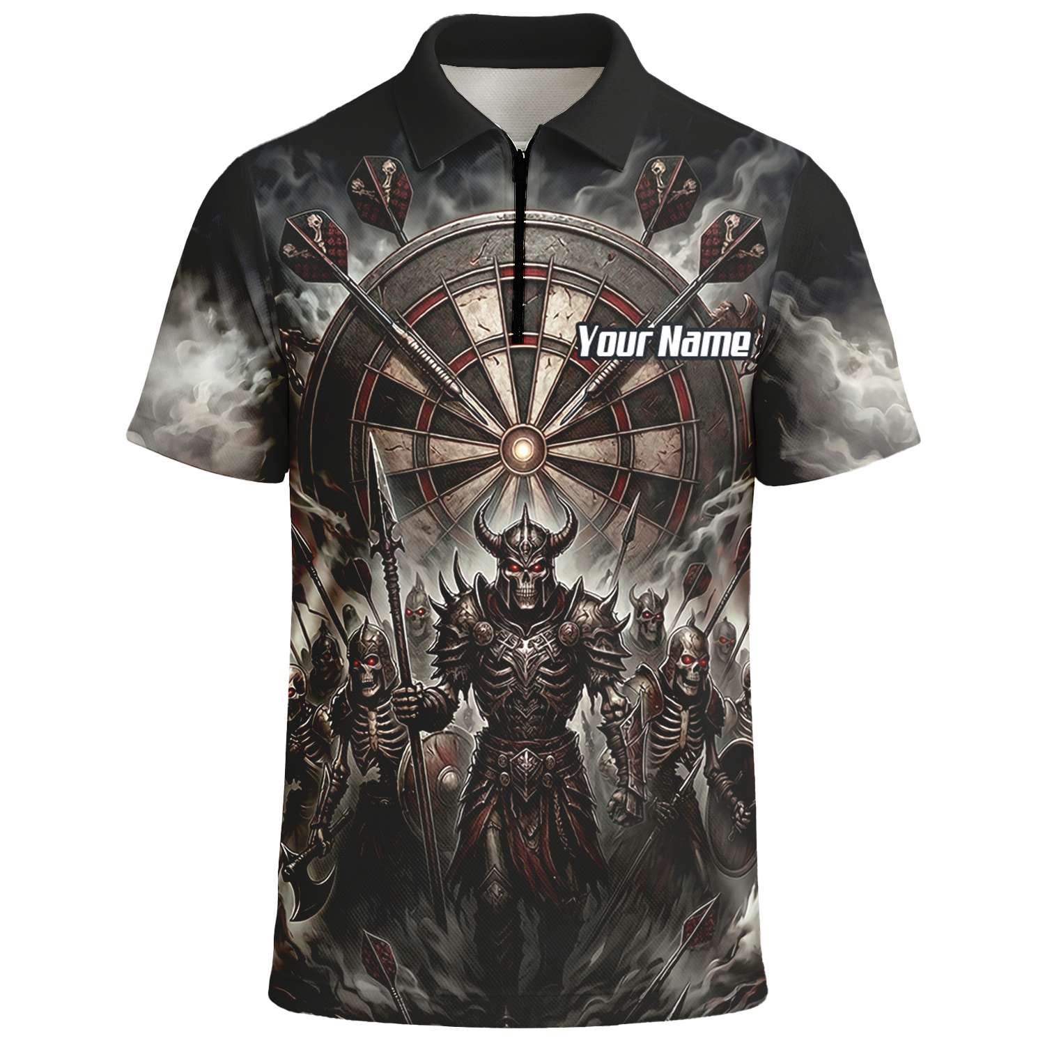 Personalised Skeleton Warrior Dart Jersey for Men Custom Dark Gothic Undead Army Darts Polo Shirt Black Grey E8117