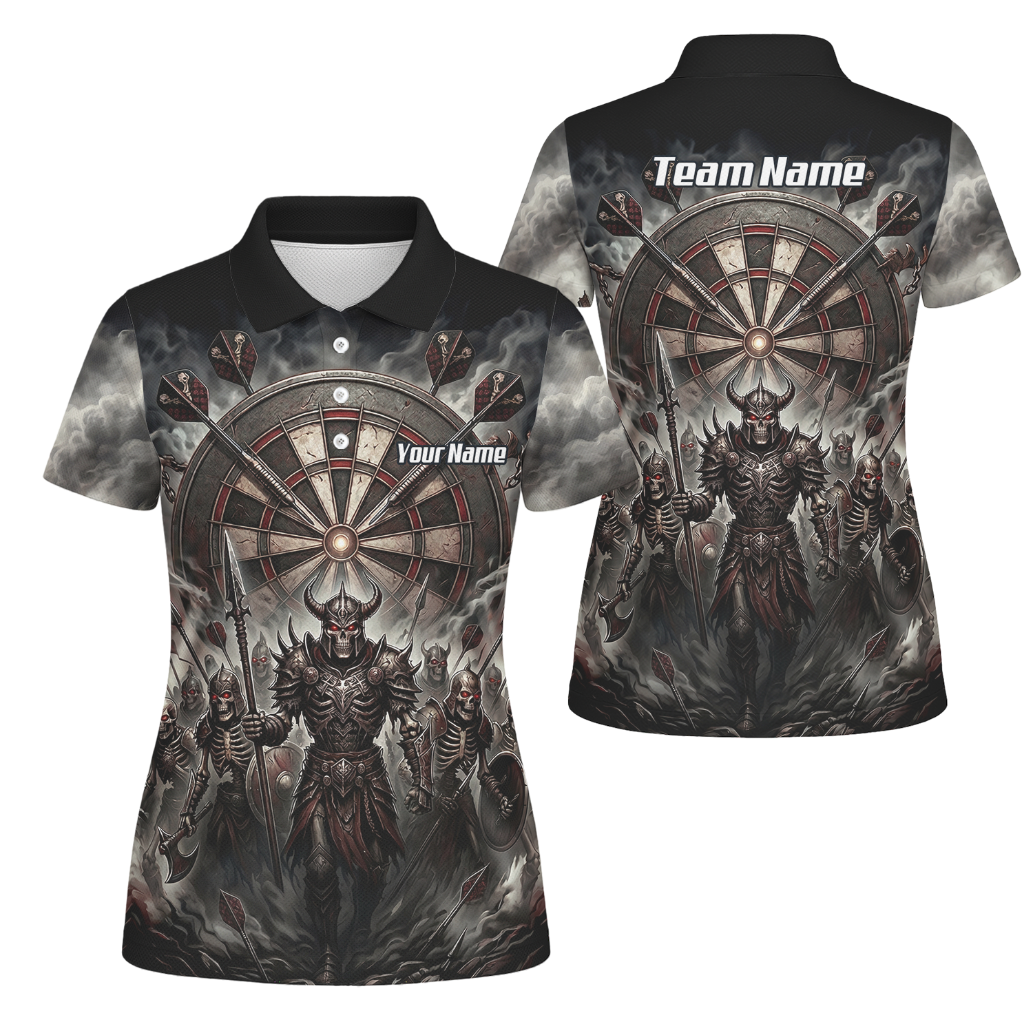 Personalised Skeleton Warrior Dart Jersey for Women Custom Dark Gothic Undead Army Darts Polo Shirt Black Grey E8117