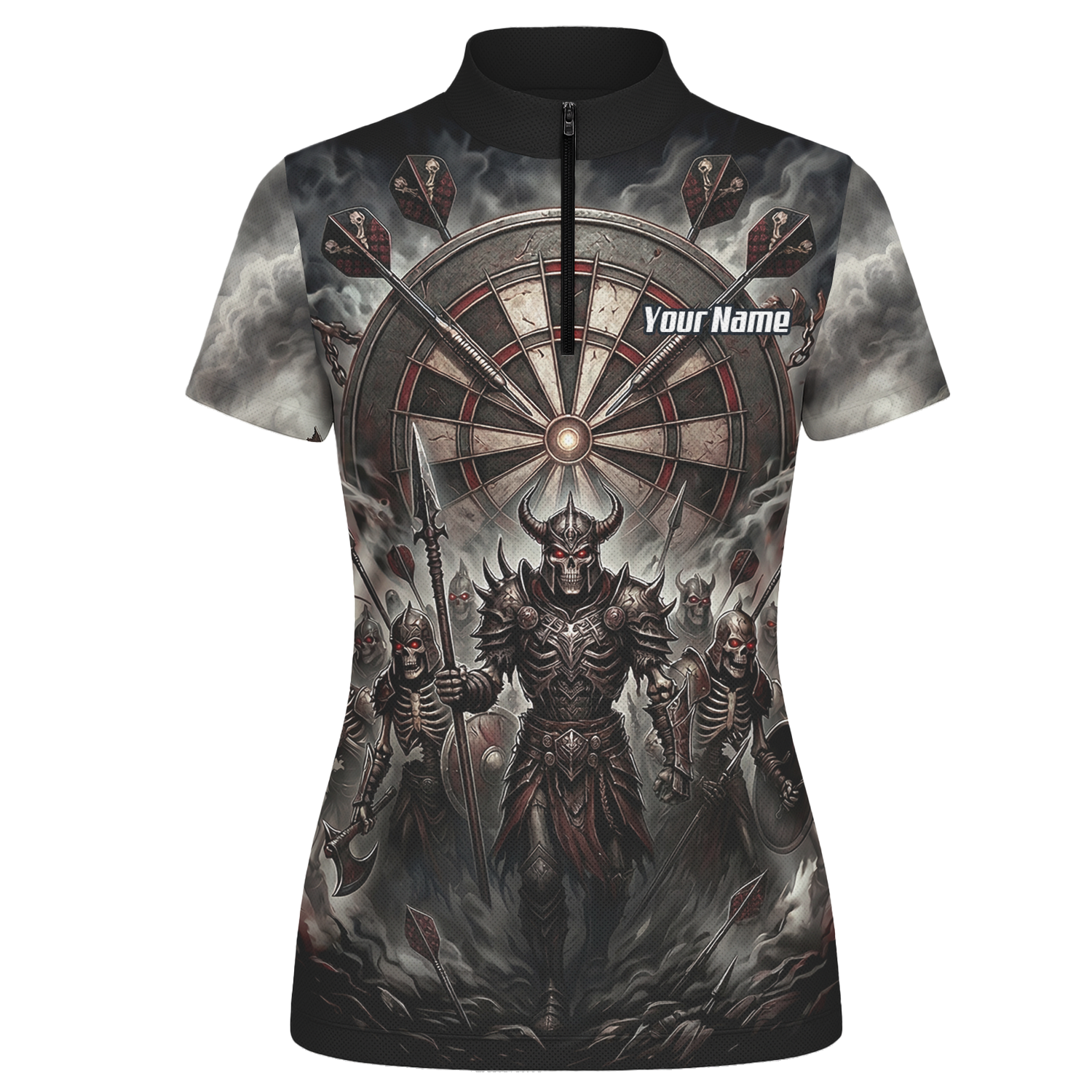 Personalised Skeleton Warrior Dart Jersey for Women Custom Dark Gothic Undead Army Darts Polo Shirt Black Grey E8117