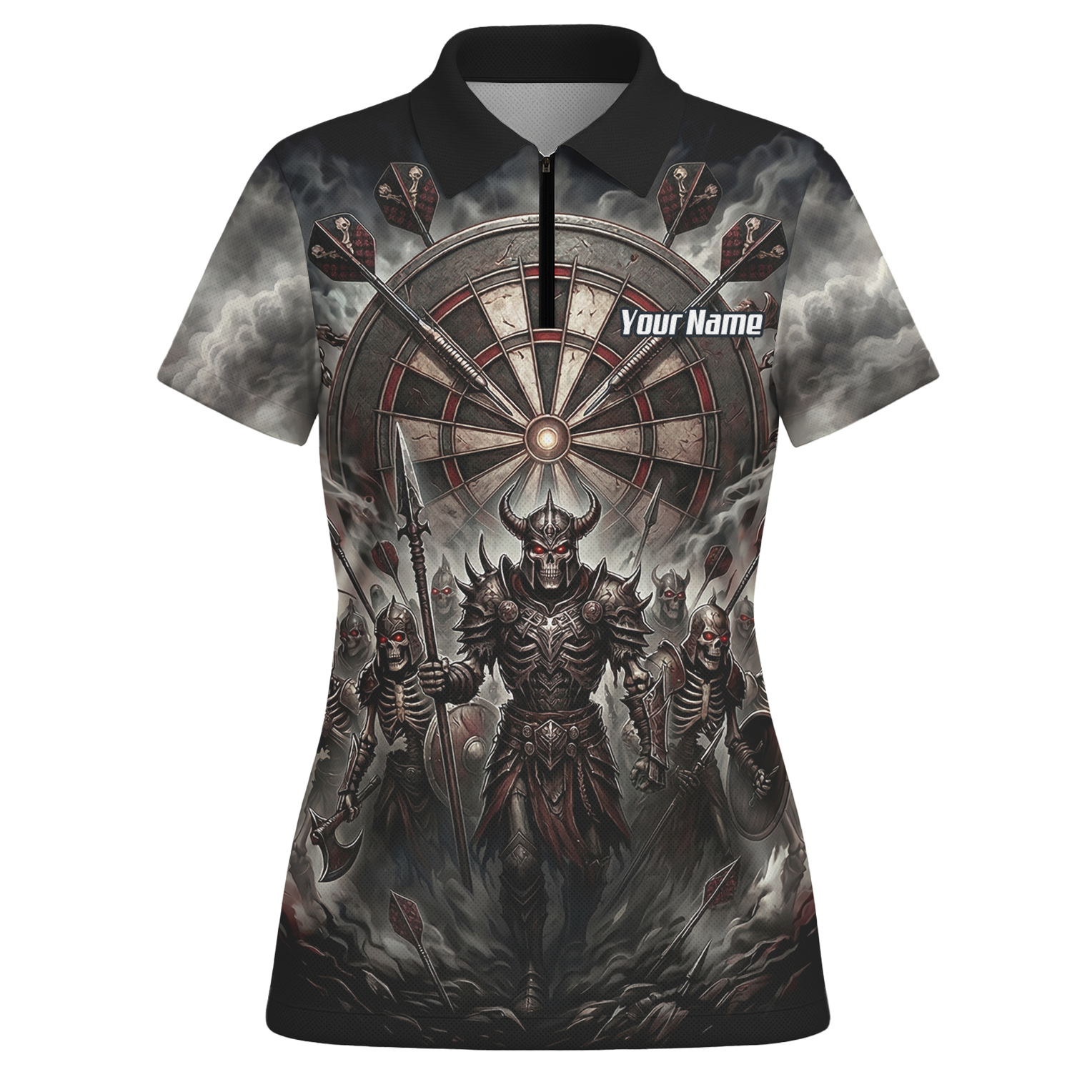Personalised Skeleton Warrior Dart Jersey for Women Custom Dark Gothic Undead Army Darts Polo Shirt Black Grey E8117
