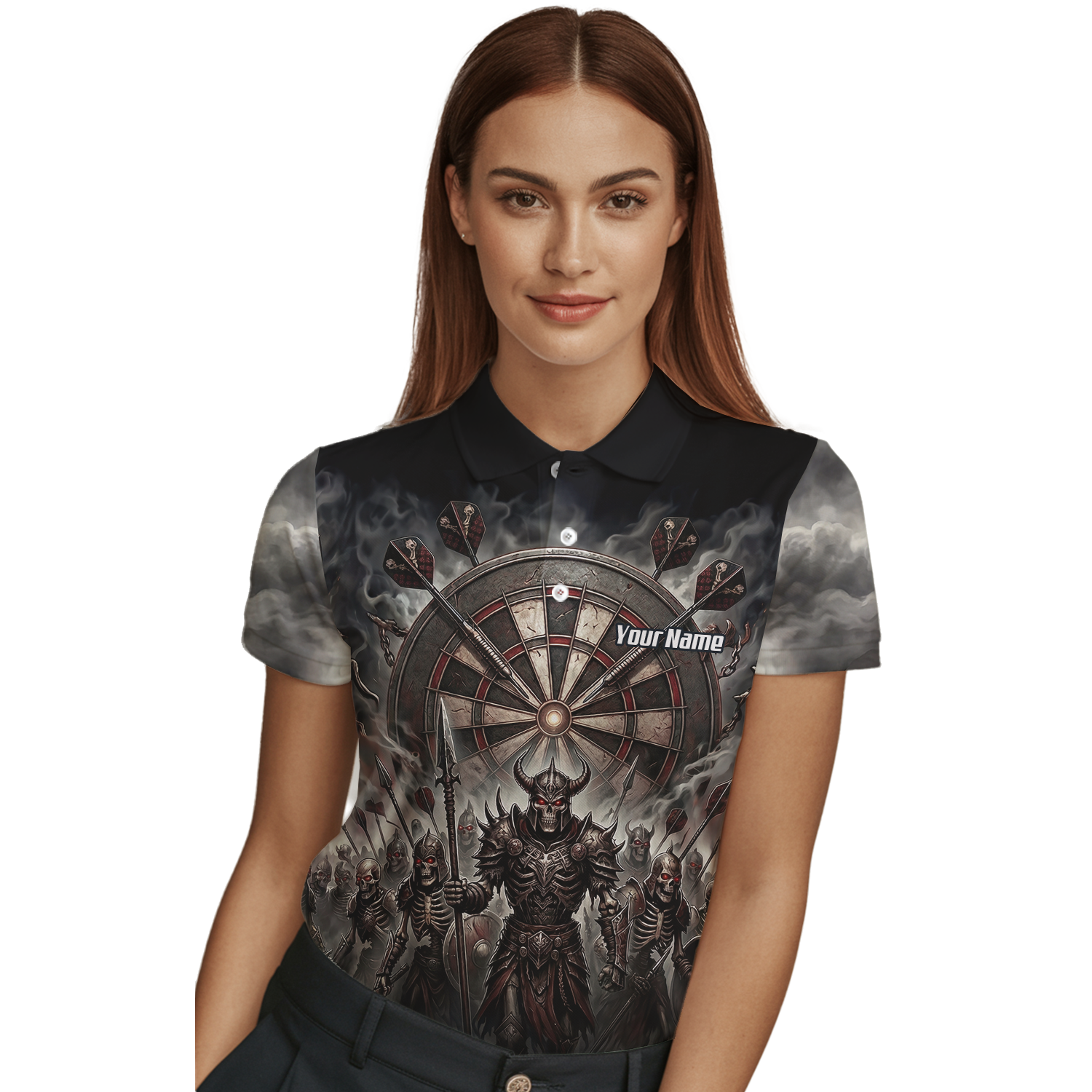 Personalised Skeleton Warrior Dart Jersey for Women Custom Dark Gothic Undead Army Darts Polo Shirt Black Grey E8117