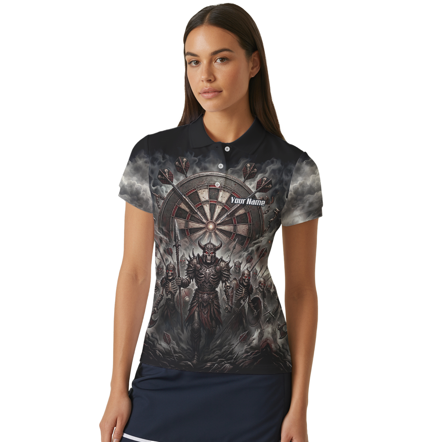 Personalised Skeleton Warrior Dart Jersey for Women Custom Dark Gothic Undead Army Darts Polo Shirt Black Grey E8117