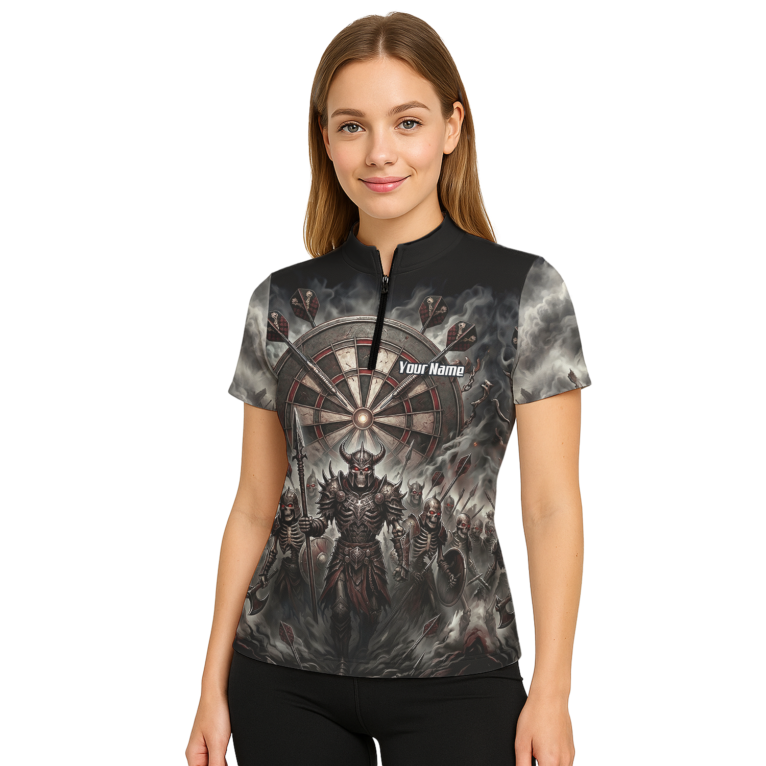 Personalised Skeleton Warrior Dart Jersey for Women Custom Dark Gothic Undead Army Darts Polo Shirt Black Grey E8117
