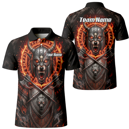Personalised Viking Wolf Dart Jersey for Men Custom Darts Polo Shirt Fire Runes Design Black Red E8296