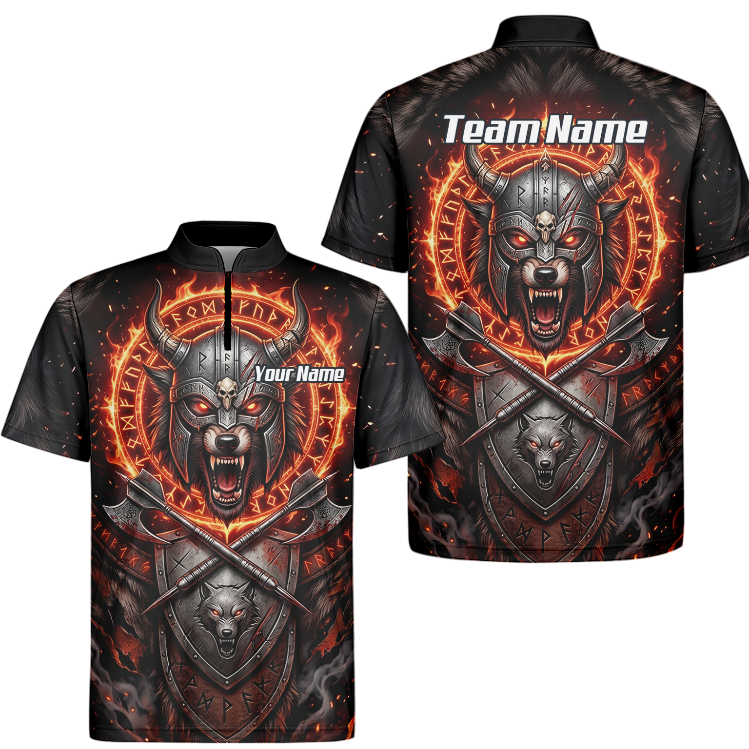 Personalised Viking Wolf Dart Jersey for Men Custom Darts Polo Shirt Fire Runes Design Black Red E8296