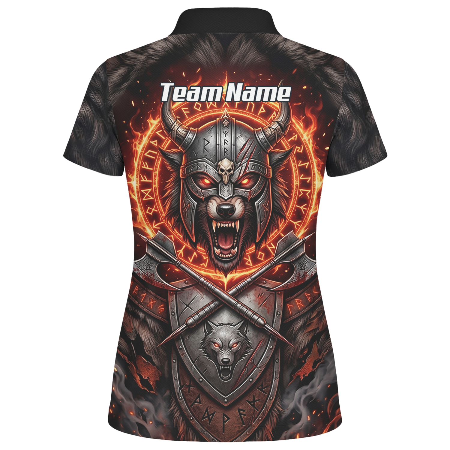 Personalised Viking Wolf Dart Jersey for Women Custom Darts Polo Shirt Fire Runes Design Black Red E8296