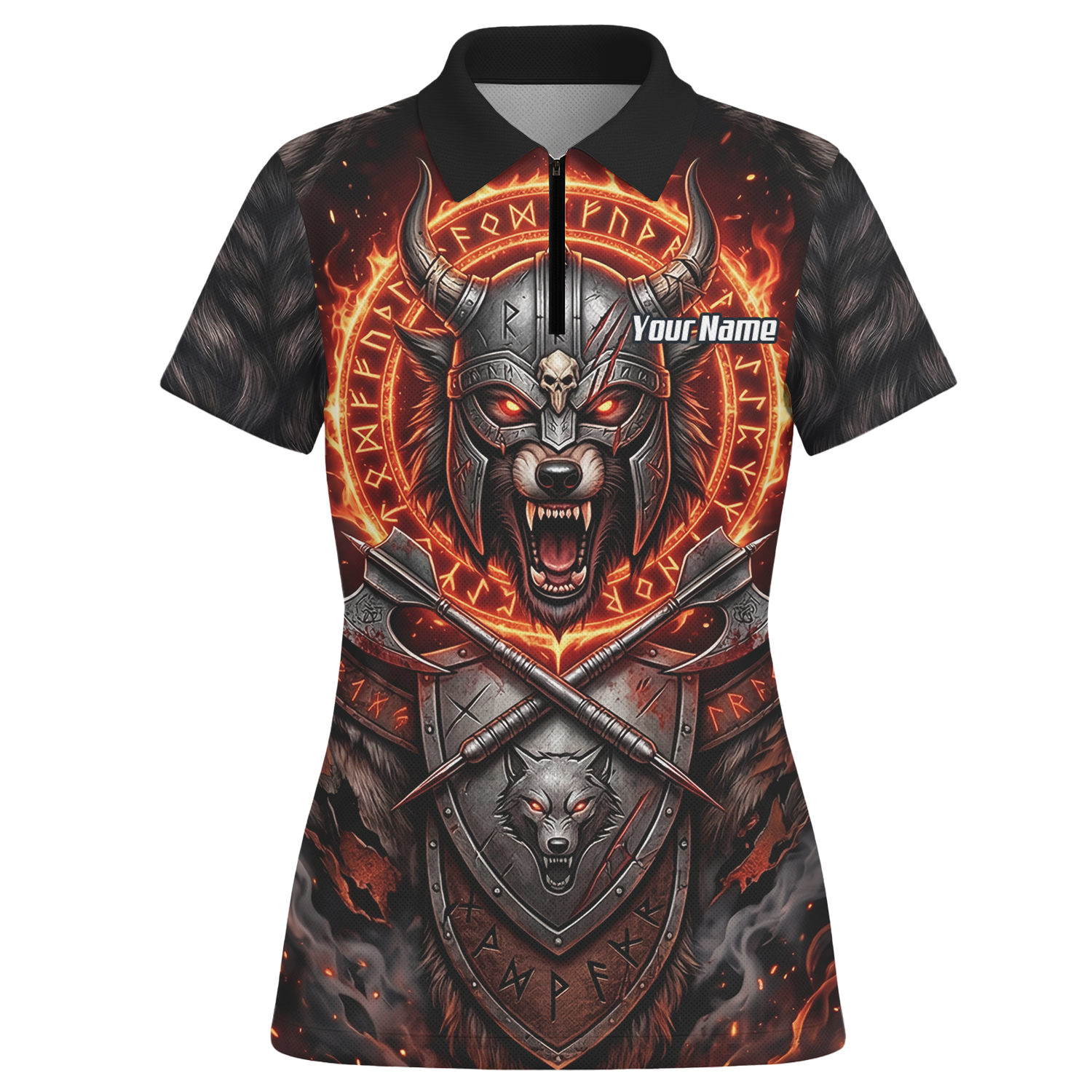 Personalised Viking Wolf Dart Jersey for Women Custom Darts Polo Shirt Fire Runes Design Black Red E8296
