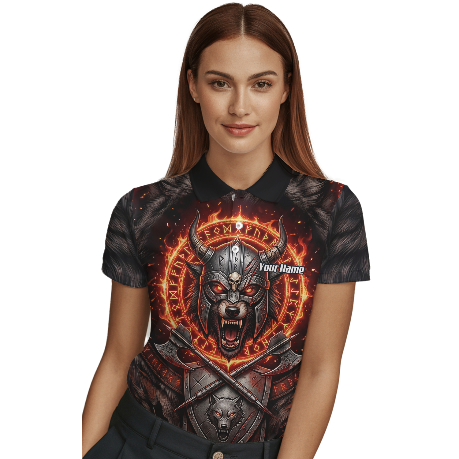 Personalised Viking Wolf Dart Jersey for Women Custom Darts Polo Shirt Fire Runes Design Black Red E8296