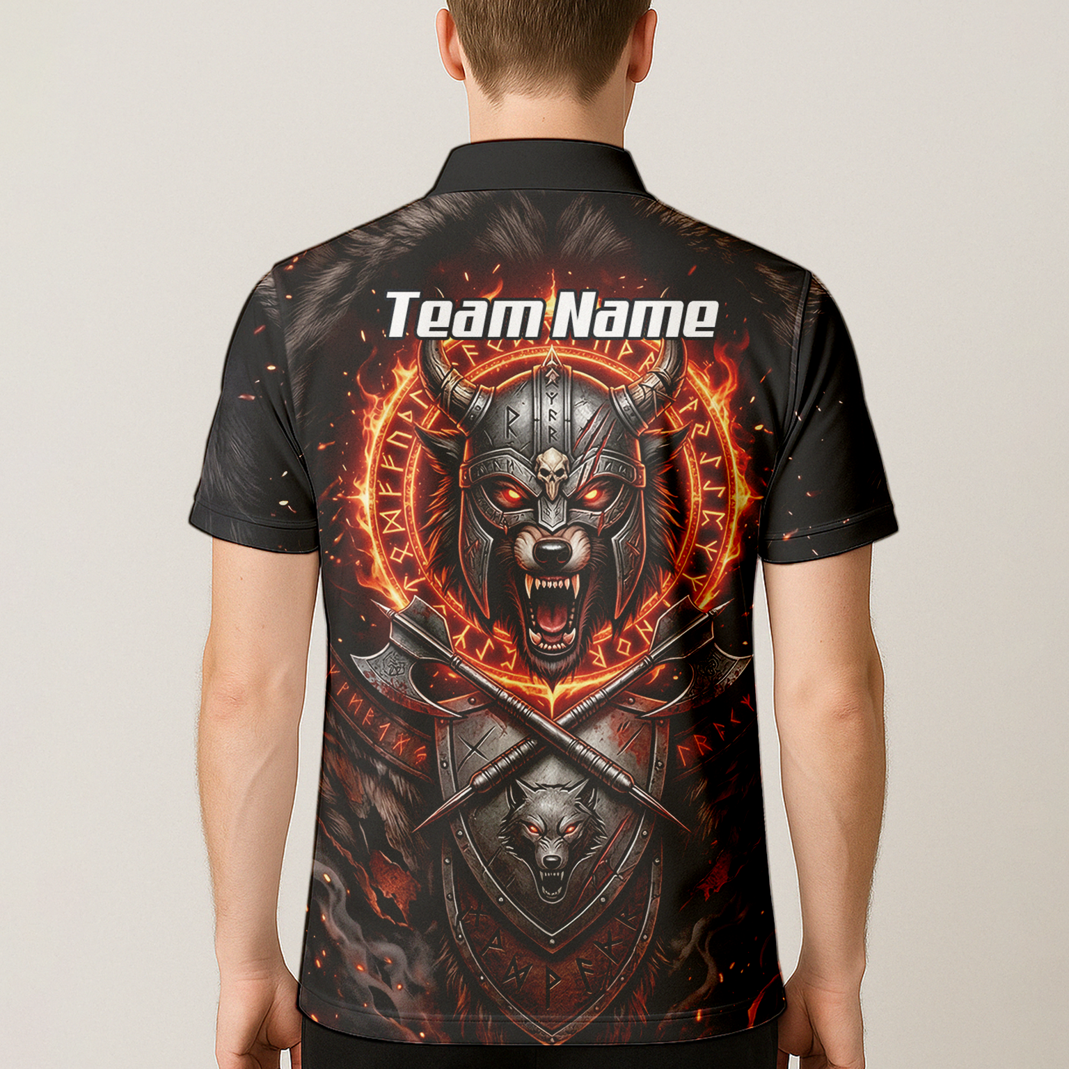 Personalised Viking Wolf Dart Jersey for Men Custom Darts Polo Shirt Fire Runes Design Black Red E8296