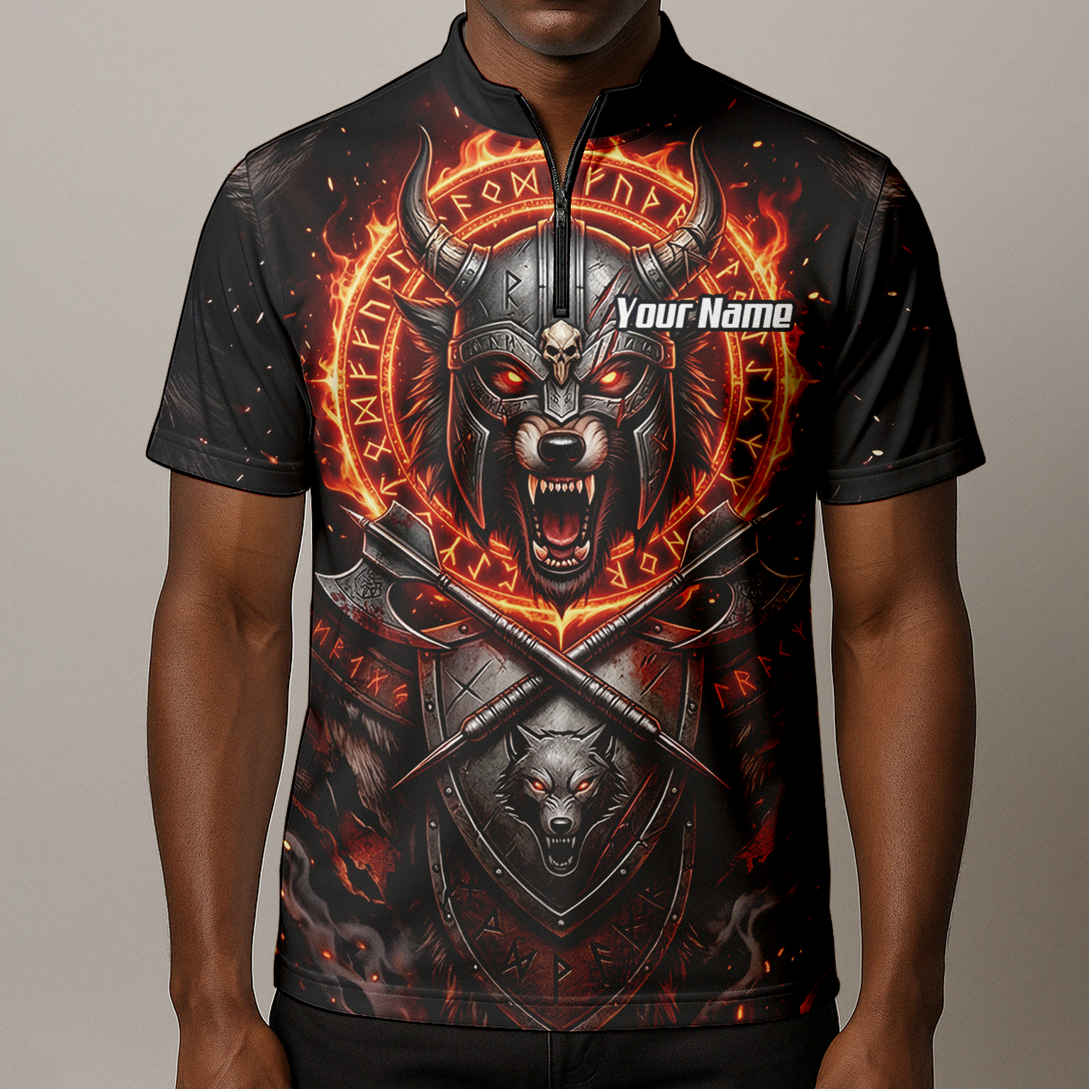 Personalised Viking Wolf Dart Jersey for Men Custom Darts Polo Shirt Fire Runes Design Black Red E8296
