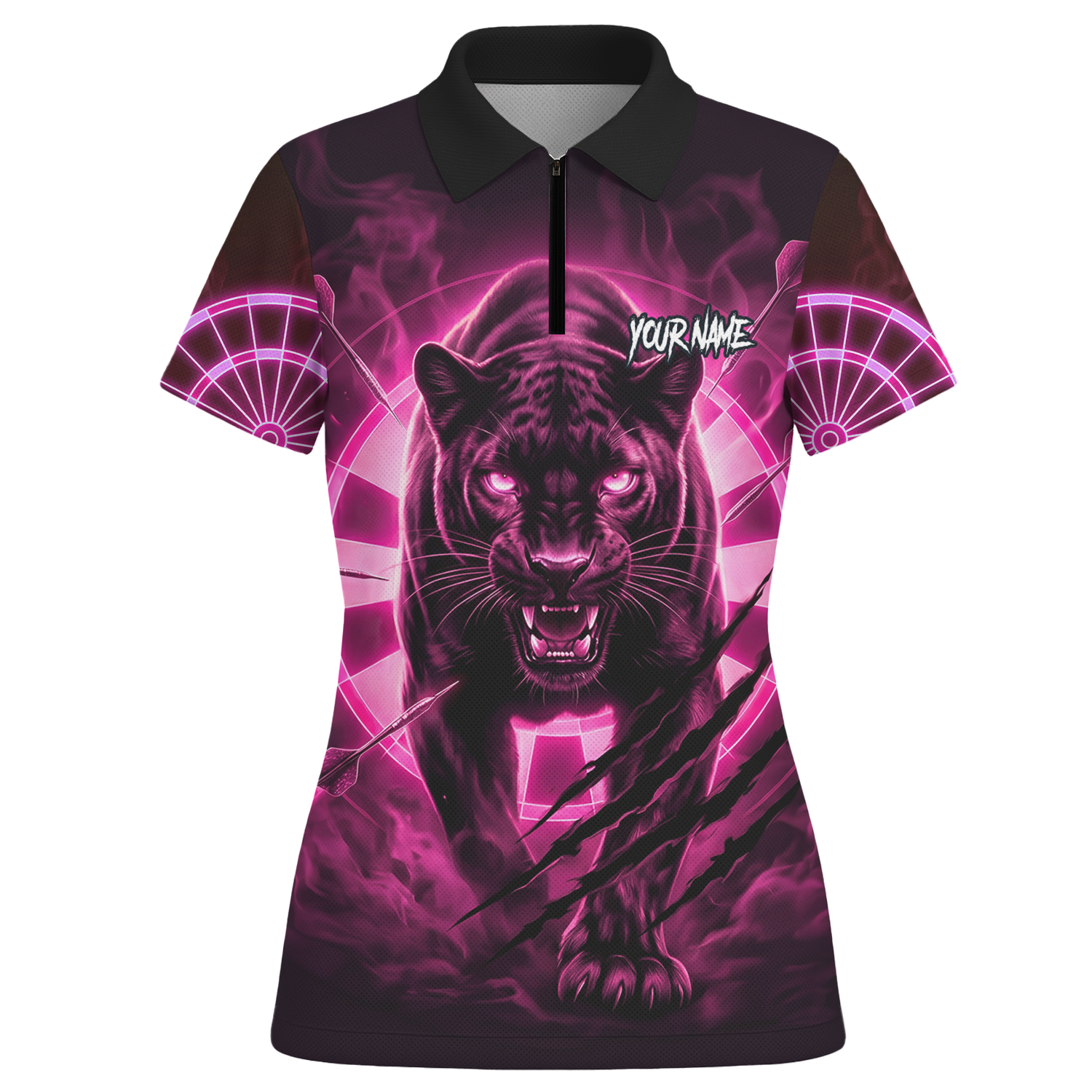 Personalised Black Panther Dart Jersey Polo and Zipper Neon Pink For Women F5579p