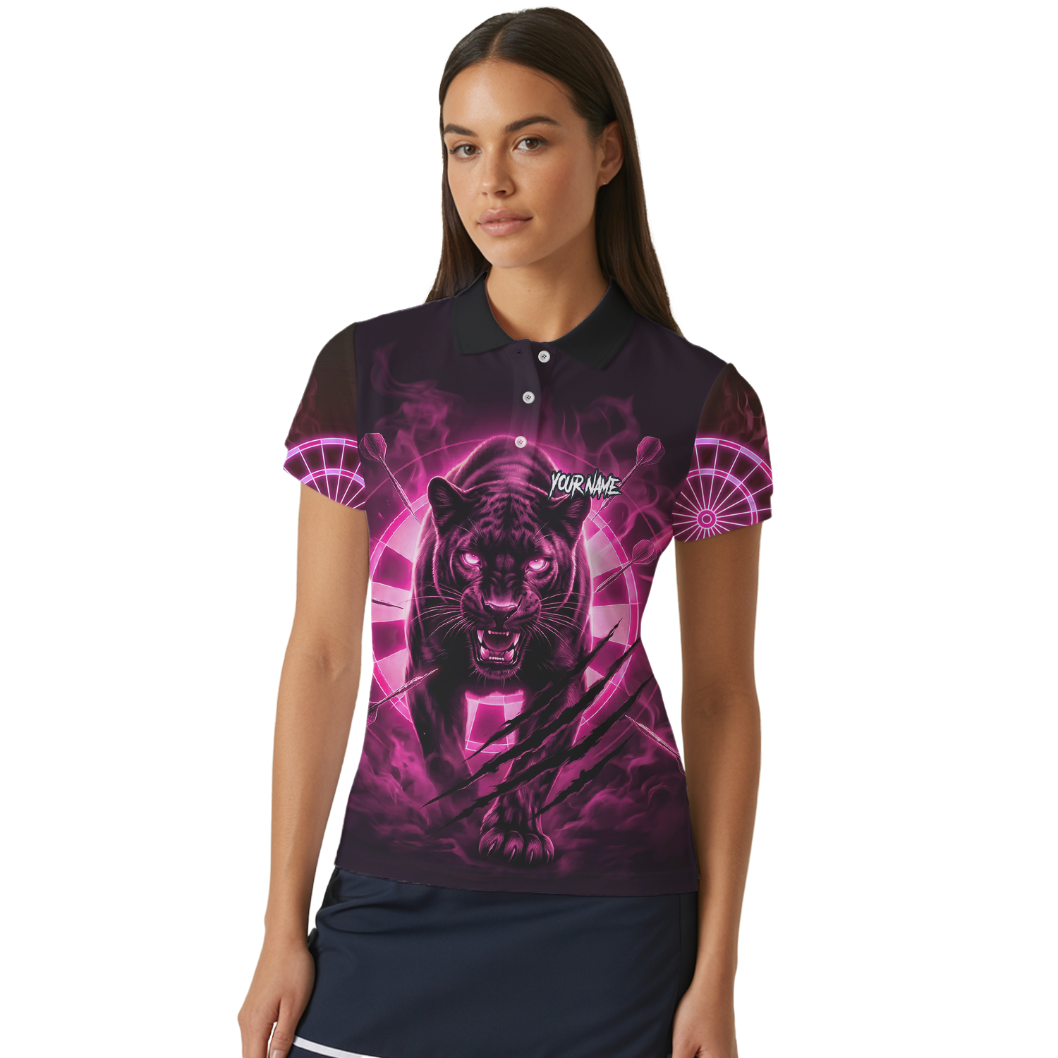 Personalised Black Panther Dart Jersey Polo and Zipper Neon Pink For Women F5579p