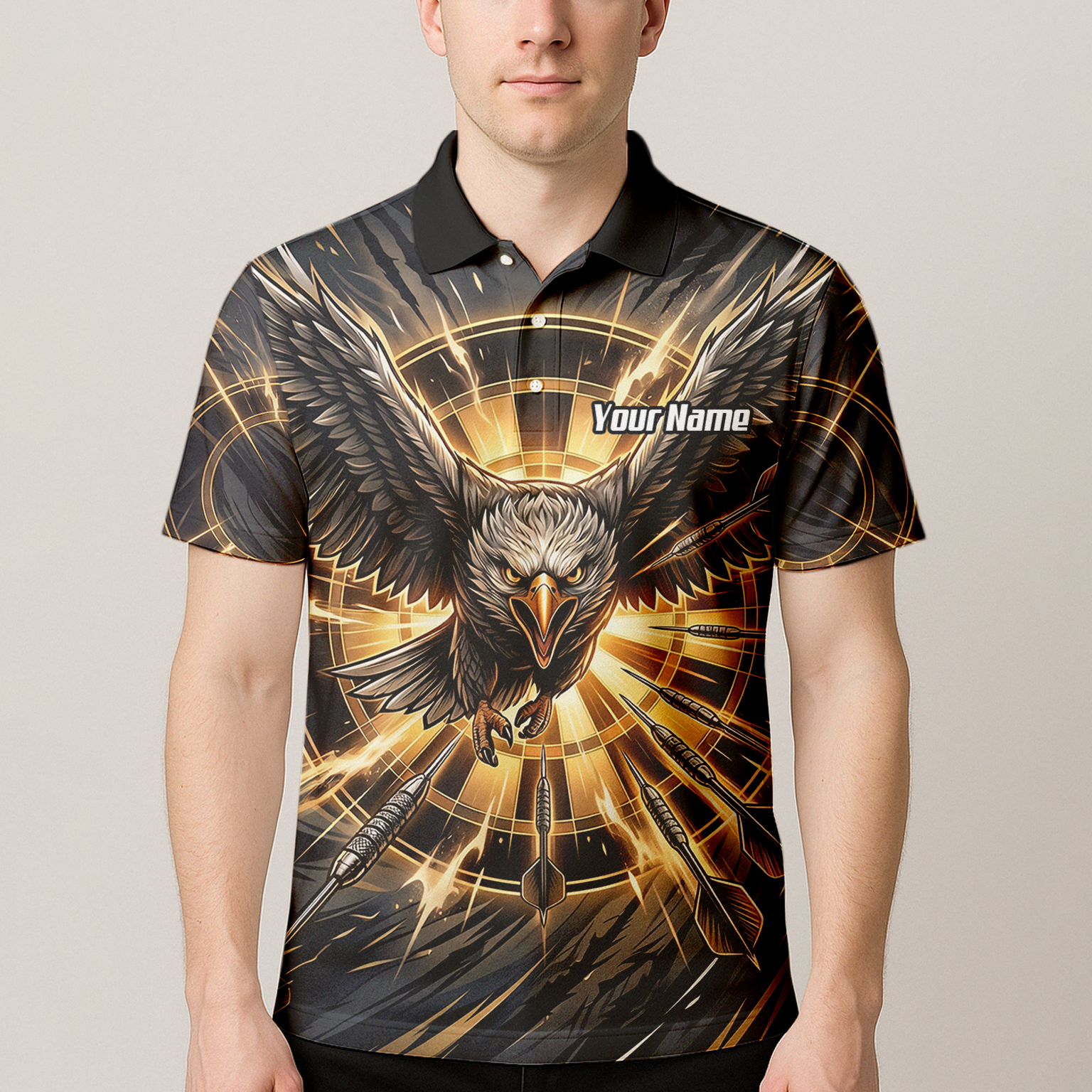 Personalised Eagle Dart Jersey for Men Custom Name and Team Dartboard Polo Shirt Black Gold G2102