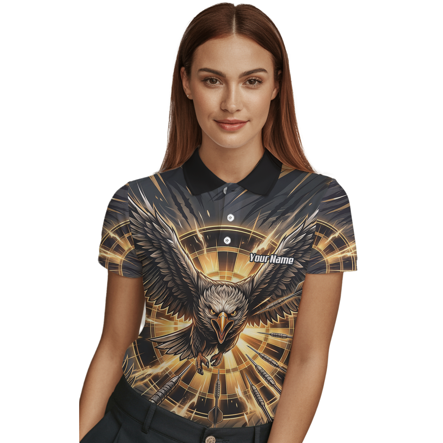 Personalised Eagle Dart Jersey for Women Custom Name and Team Dartboard Polo Shirt Black Gold G2102