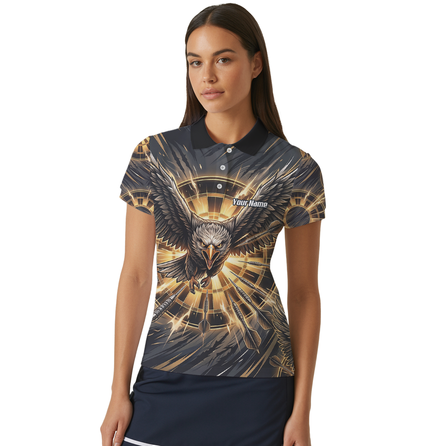 Personalised Eagle Dart Jersey for Women Custom Name and Team Dartboard Polo Shirt Black Gold G2102