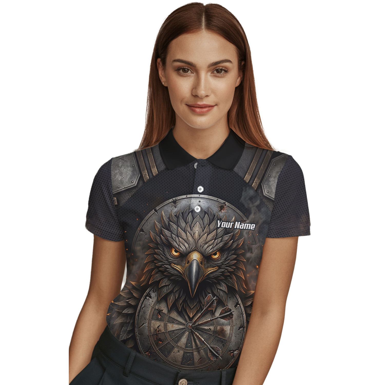 Personalised Women's Eagle Shield Dart Jersey Custom Name Team Polo Shirt Black Bronze G4208