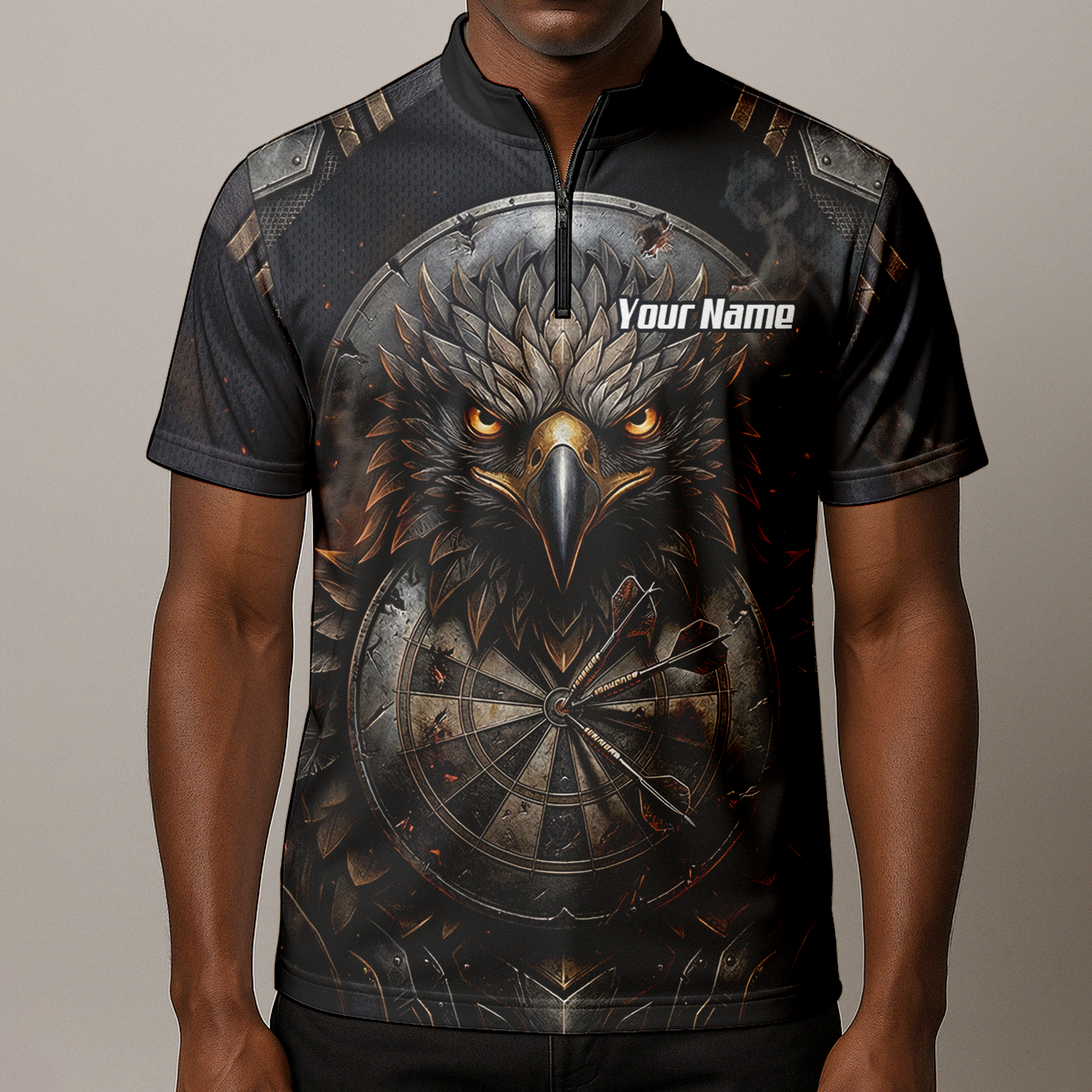 Personalised Men's Eagle Shield Dart Jersey Custom Name Team Polo Shirt Black Bronze G4208