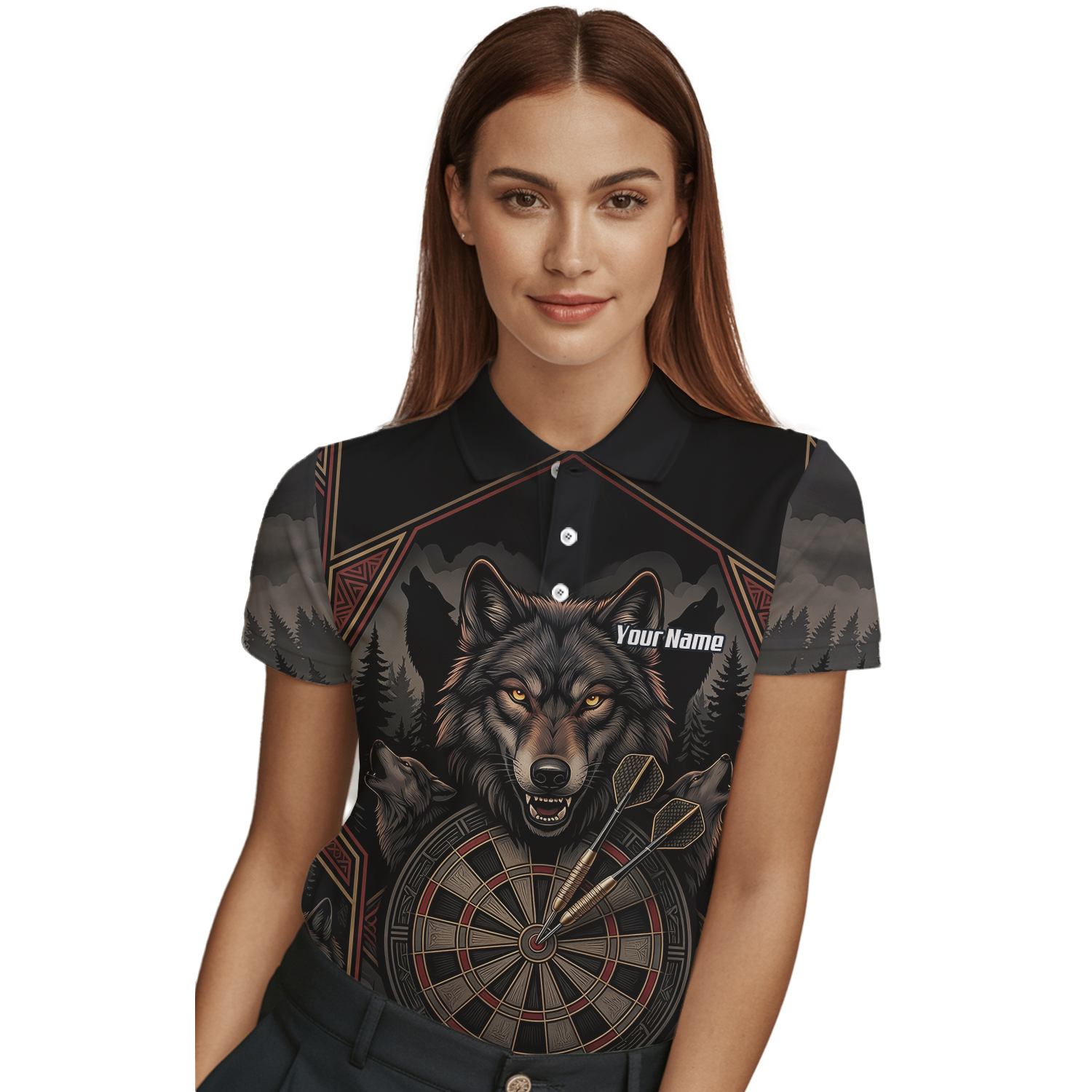 Personalised Wolf Dart Jersey for Women Custom Team Name Dart Shirt Black Grey Polo G4991