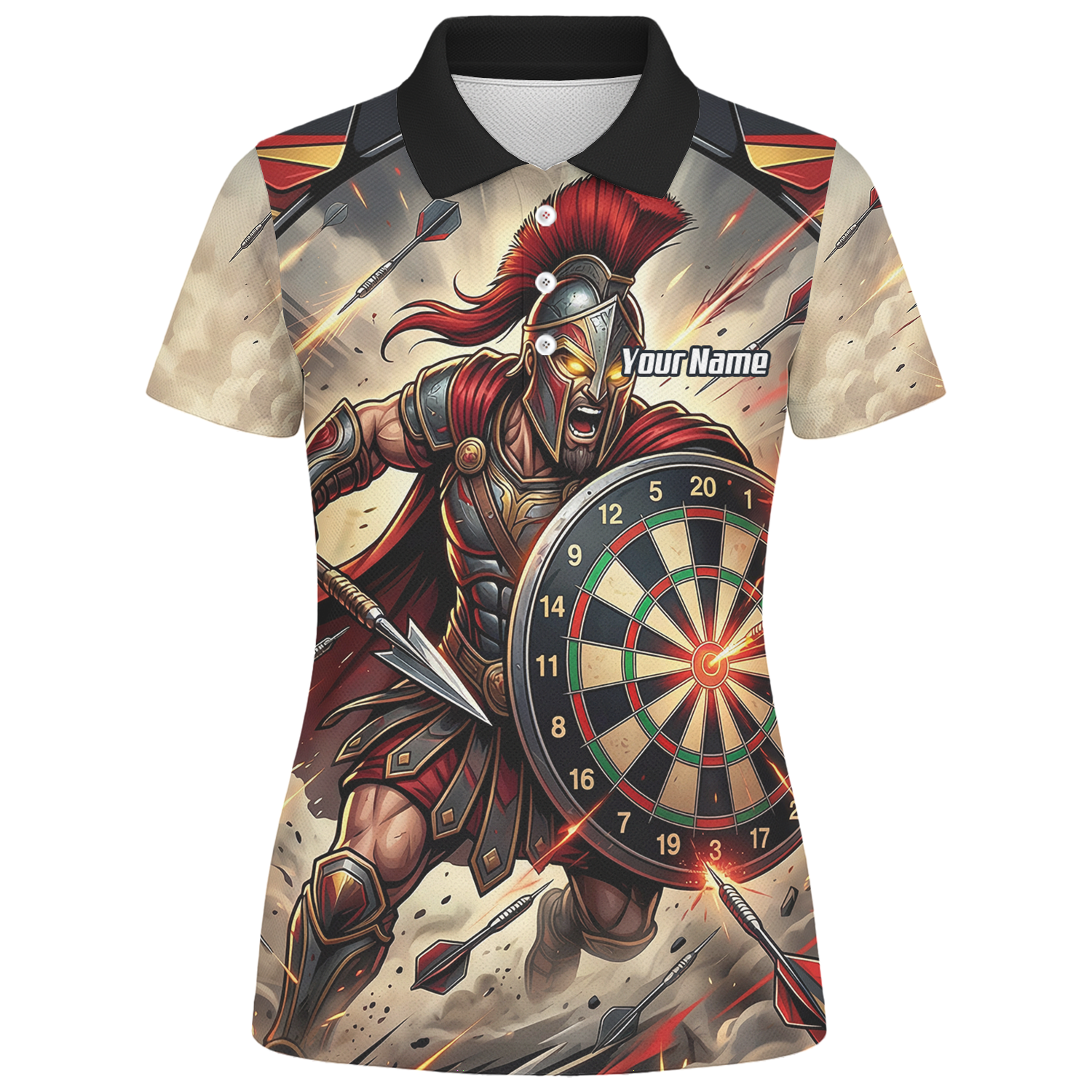Personalised Spartan Warrior Dart Jersey for Women Custom Gladiator Darts Polo Shirt Red Gold G5179