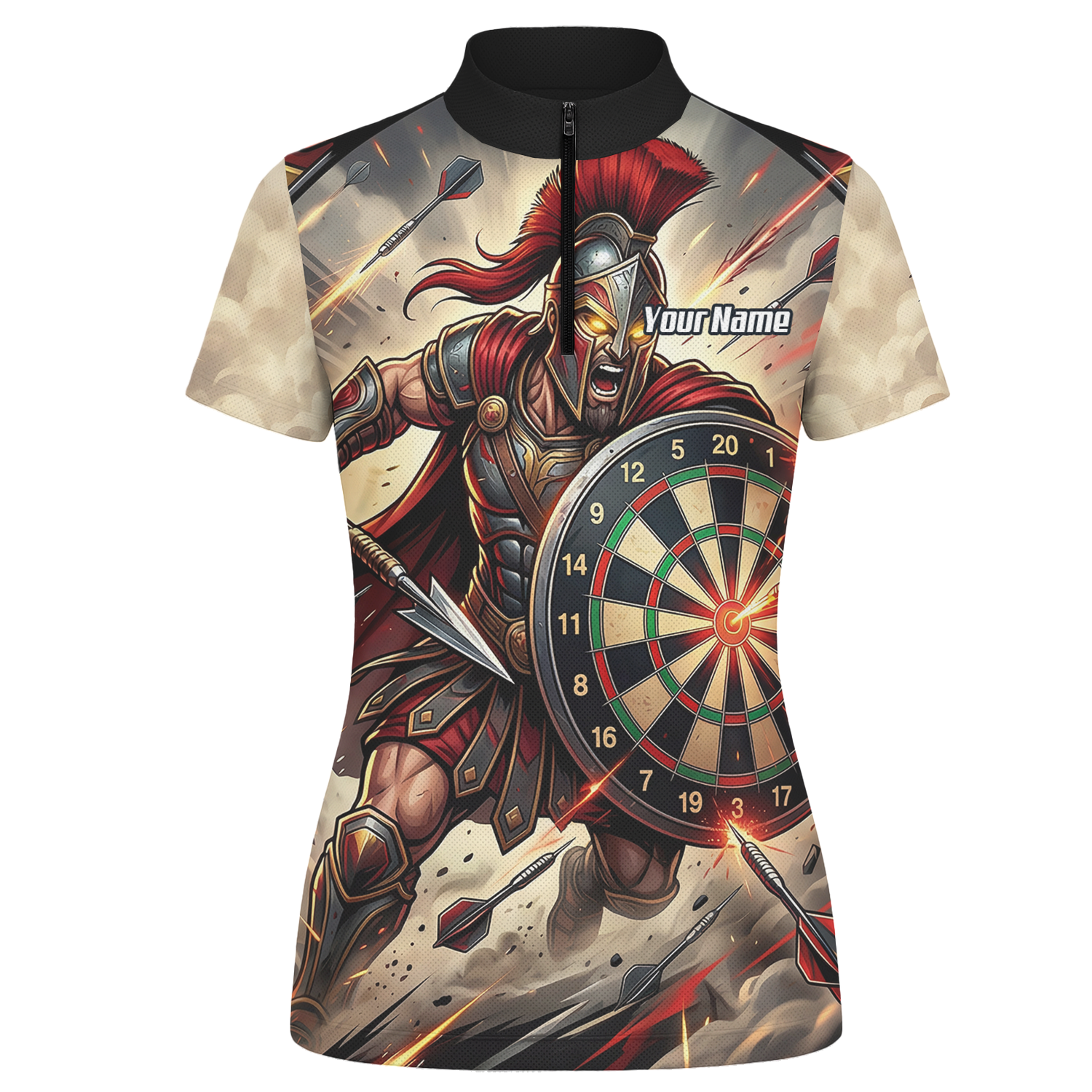 Personalised Spartan Warrior Dart Jersey for Women Custom Gladiator Darts Polo Shirt Red Gold G5179