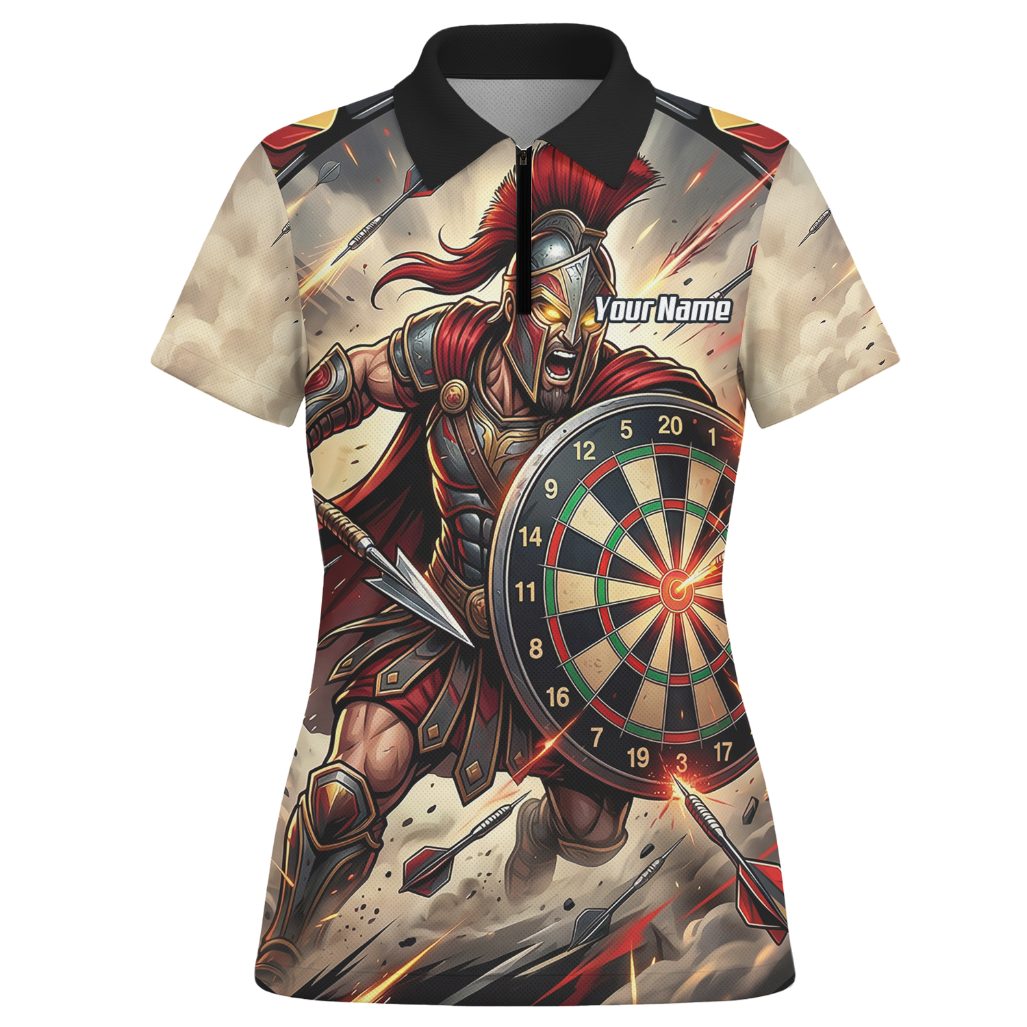 Personalised Spartan Warrior Dart Jersey for Women Custom Gladiator Darts Polo Shirt Red Gold G5179