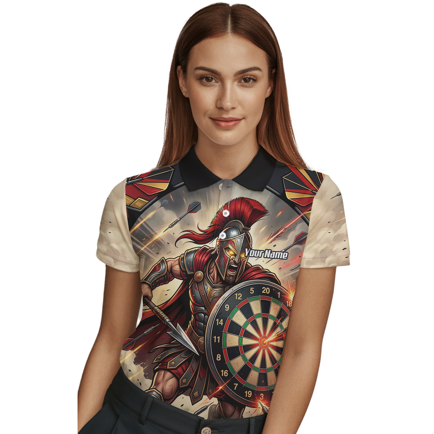 Personalised Spartan Warrior Dart Jersey for Women Custom Gladiator Darts Polo Shirt Red Gold G5179