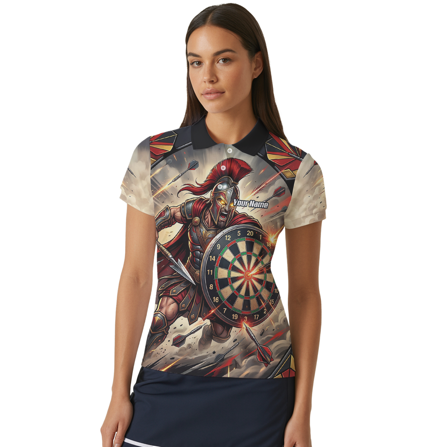 Personalised Spartan Warrior Dart Jersey for Women Custom Gladiator Darts Polo Shirt Red Gold G5179