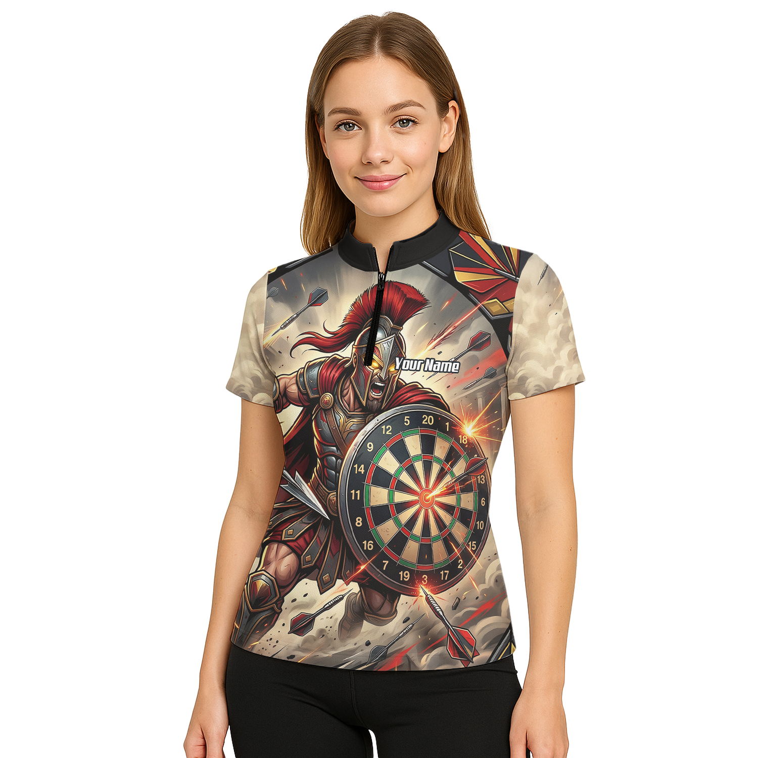 Personalised Spartan Warrior Dart Jersey for Women Custom Gladiator Darts Polo Shirt Red Gold G5179