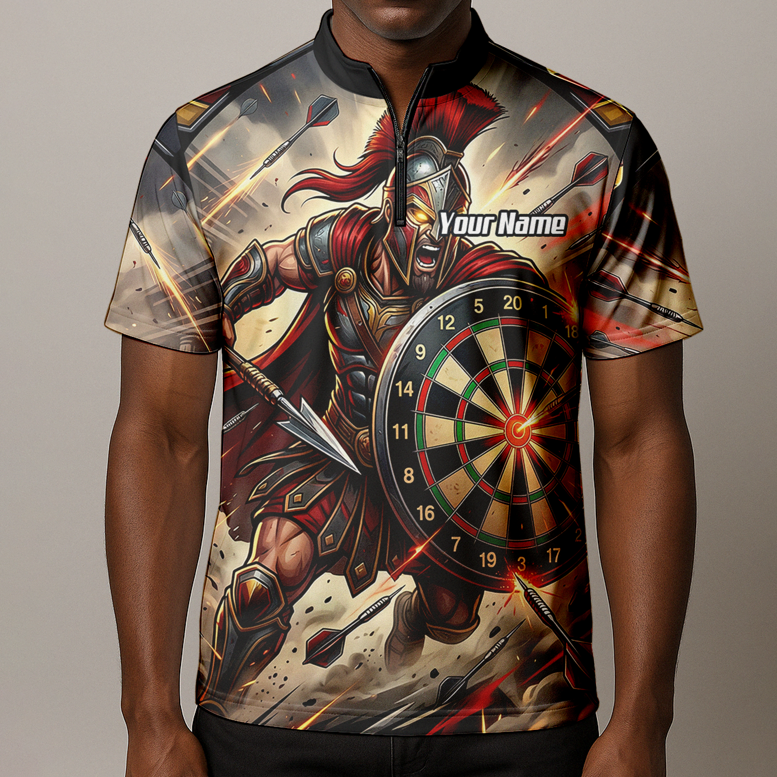 Personalised Spartan Warrior Dart Jersey for Men Custom Gladiator Darts Polo Shirt Red Gold G5179